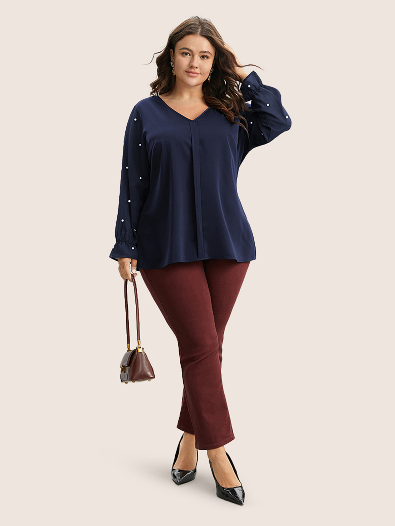 

Plus Size Indigo Pearl Beaded Mesh Patchwork Ruffles Blouse Women Cocktail Long Sleeve V-neck Party Blouses BloomChic