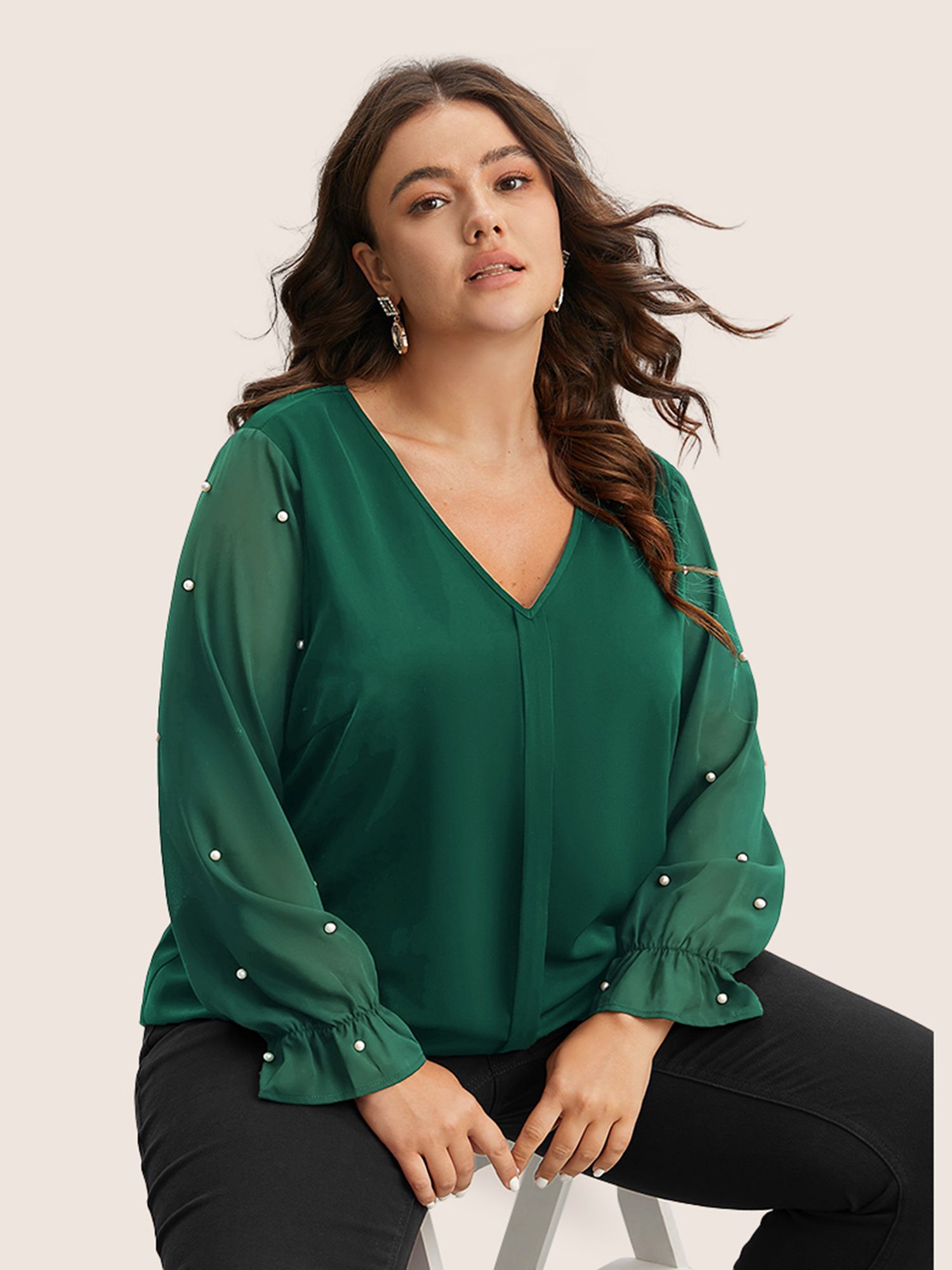 

Plus Size DarkGreen Pearl Beaded Mesh Patchwork Ruffles Blouse Women Cocktail Long Sleeve V-neck Party Blouses BloomChic