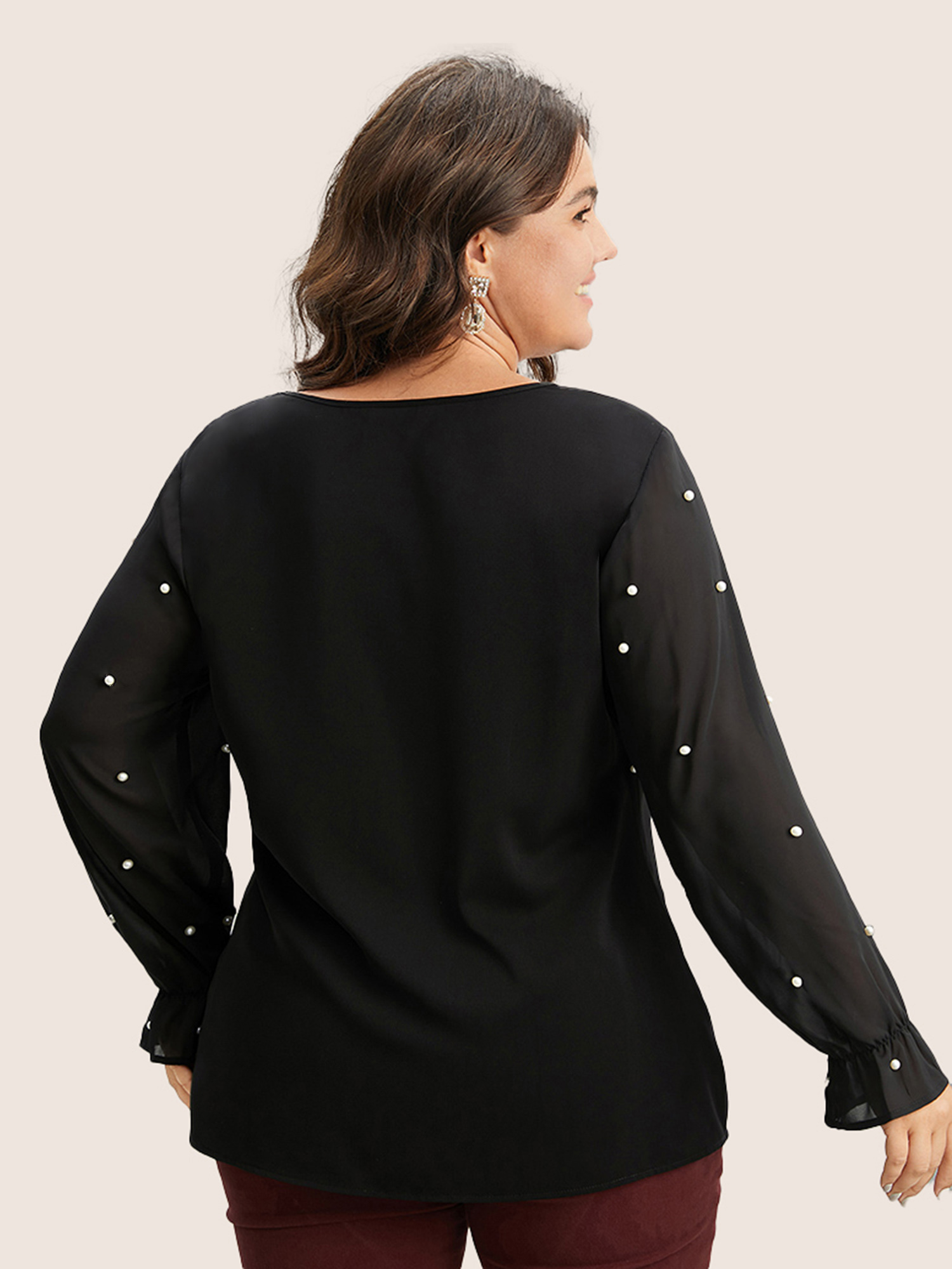 Plus Size Black Pearl Beaded Mesh Patchwork Ruffles Blouse Women Cocktail Long Sleeve V-neck Party Blouses BloomChic 22-24/3X 