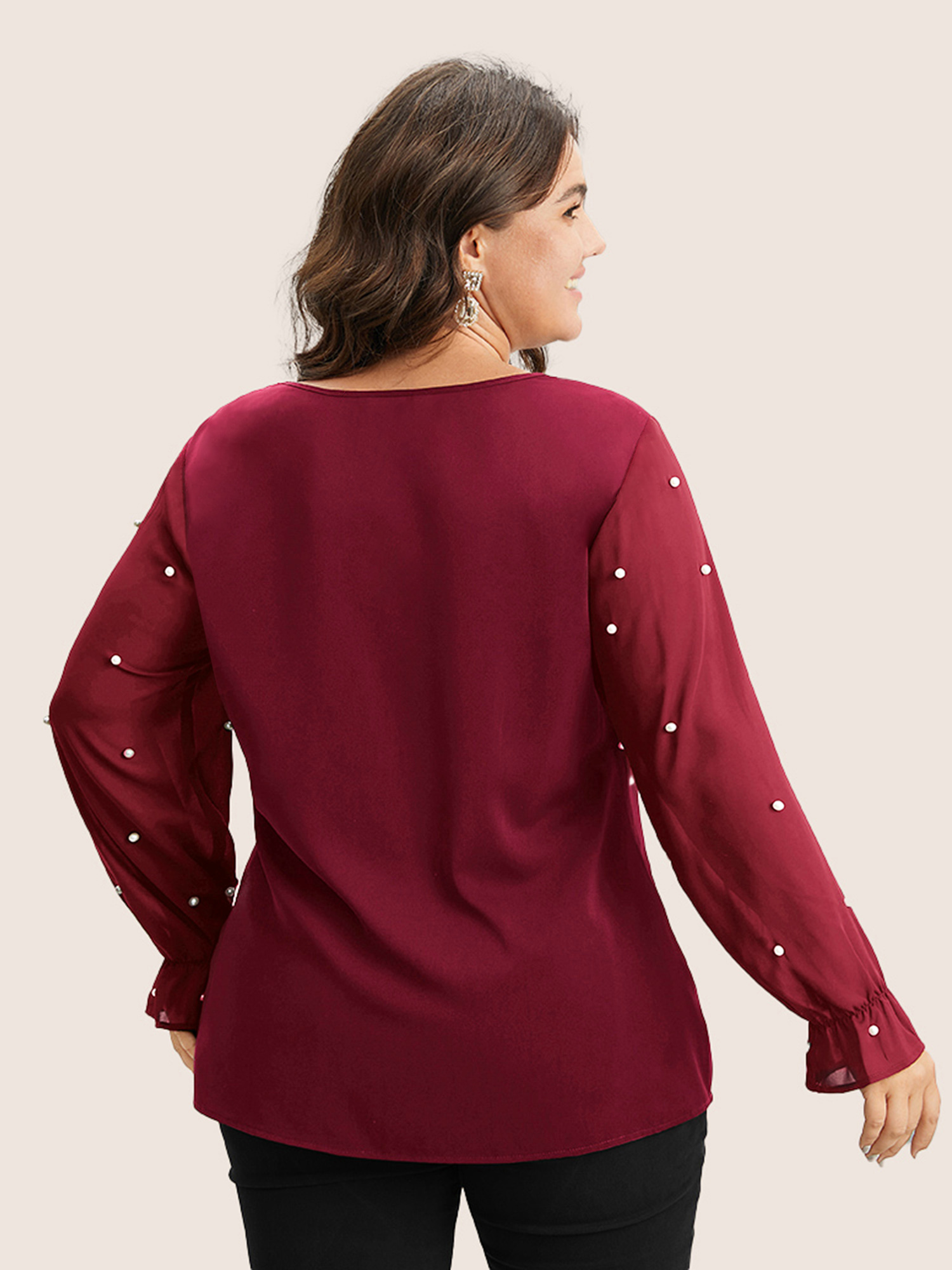 Plus Size Scarlet Pearl Beaded Mesh Patchwork Ruffles Blouse Women Cocktail Long Sleeve V-neck Party Blouses BloomChic 12/L 