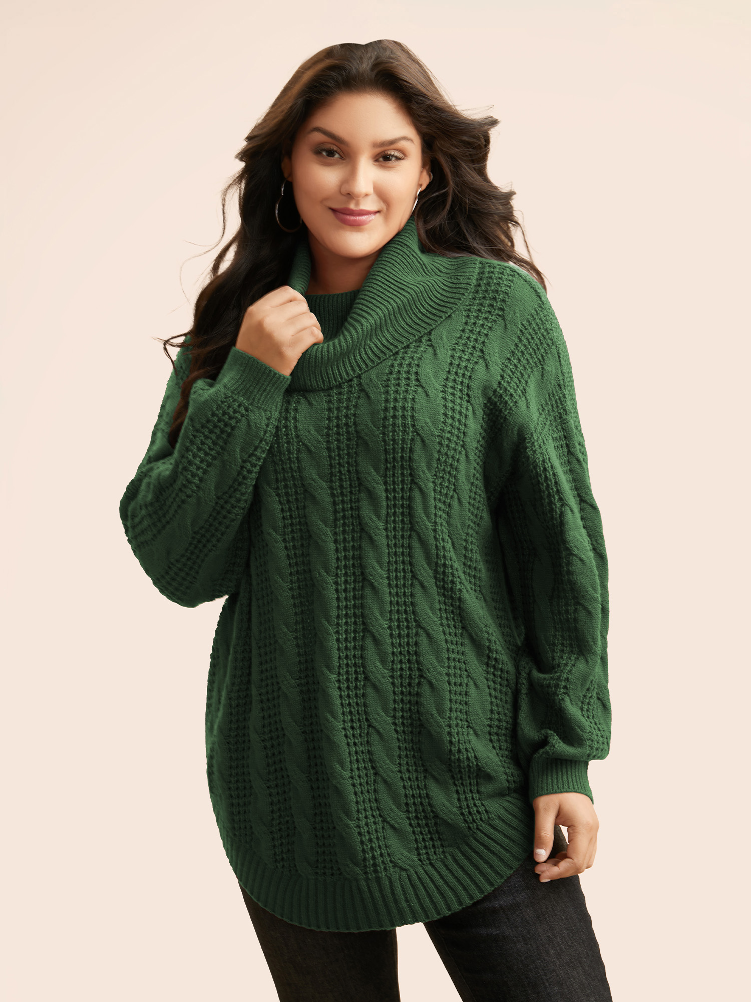 

Plus Size Turtleneck Cable Knit Curved Hem Pullover DarkGreen Women Casual Loose Long Sleeve Turtleneck Everyday Pullovers BloomChic