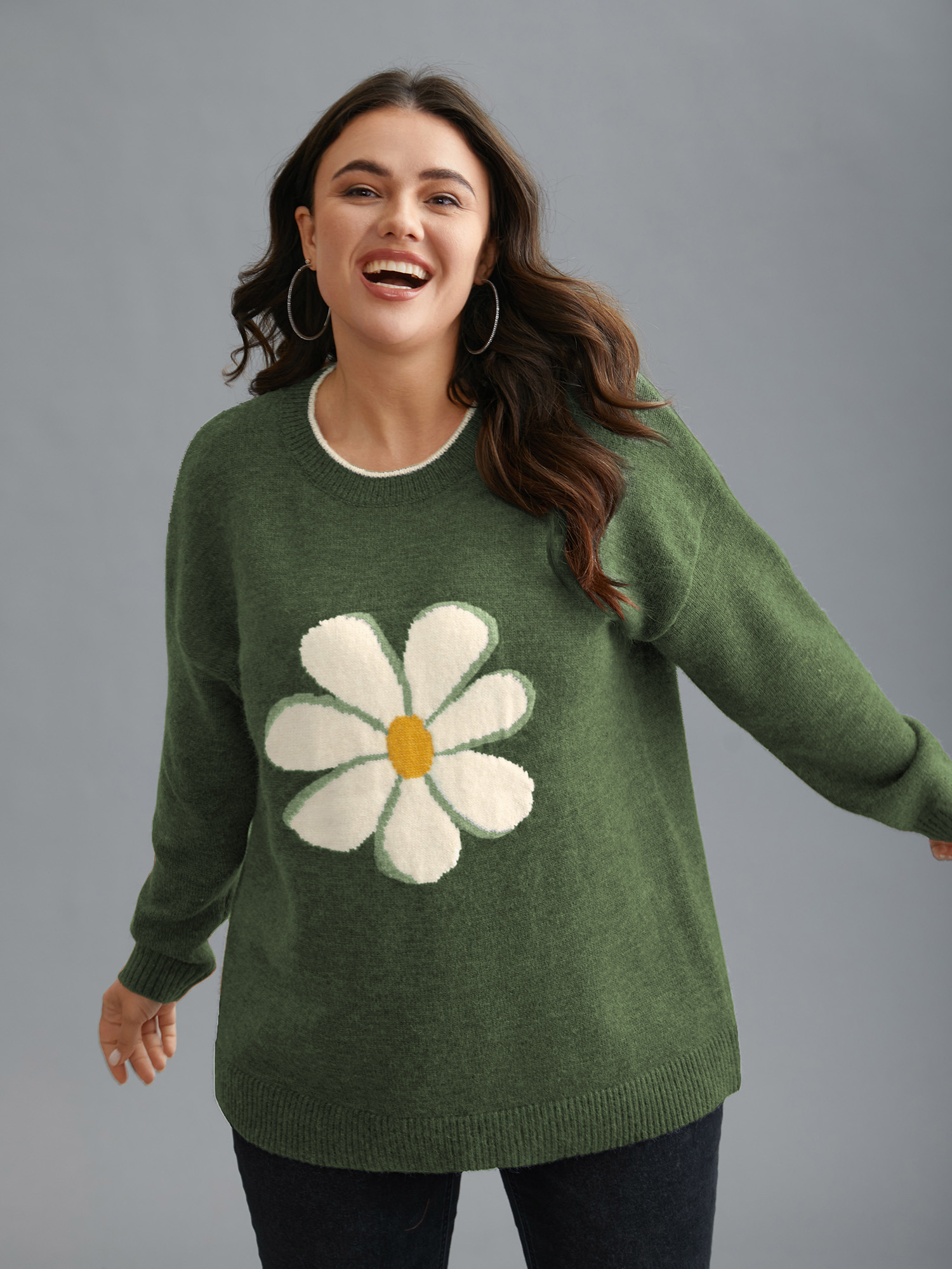 

Plus Size Floral Textured Crew Neck Pullover ArmyGreen Women Casual Loose Long Sleeve Round Neck Everyday Pullovers BloomChic