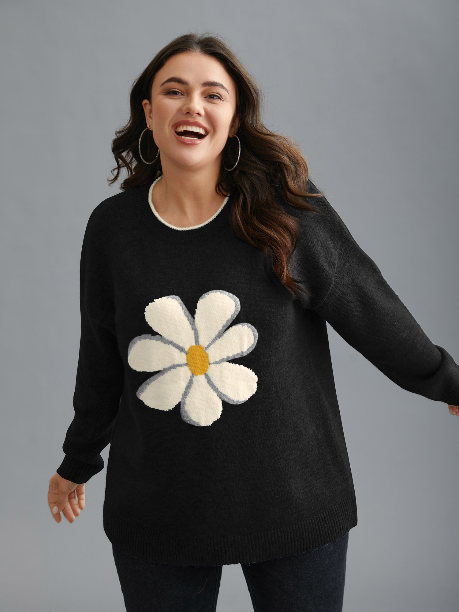 

Plus Size Floral Textured Crew Neck Pullover Black Women Casual Loose Long Sleeve Round Neck Everyday Pullovers BloomChic