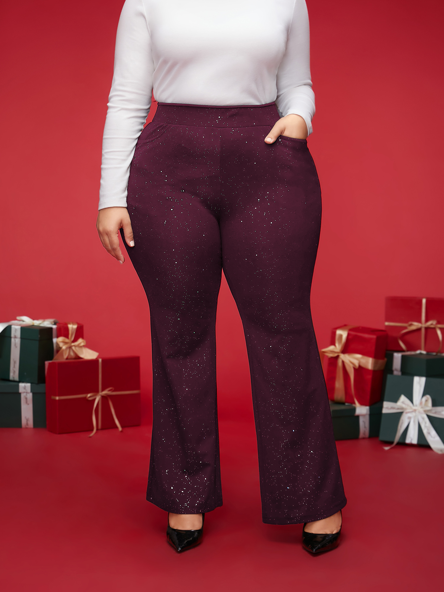 

Plus Size Sparkle Details Mid Rise Flared Pants Women Burgundy Formal Bootcut Mid Rise Party Pants BloomChic