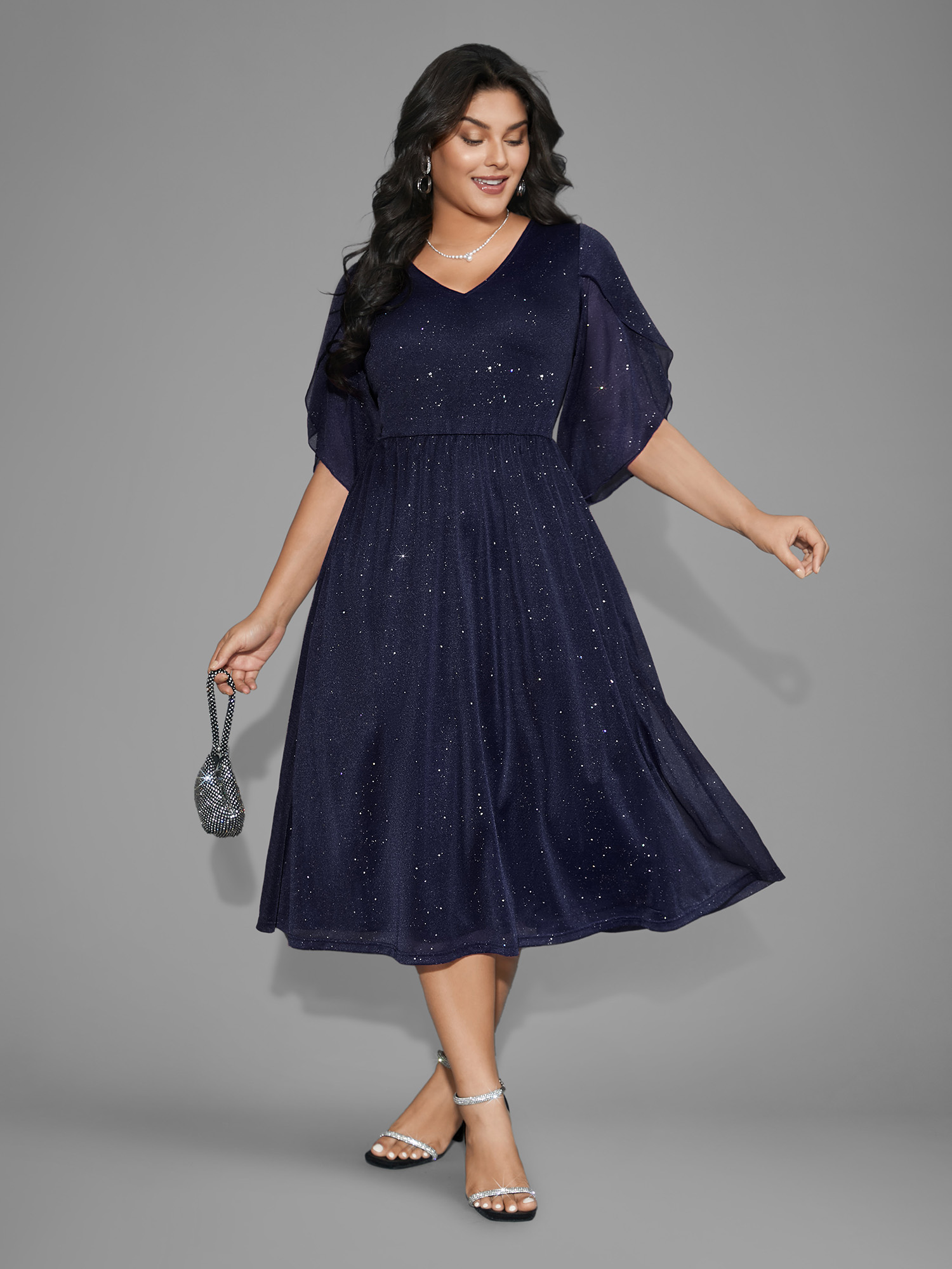 

Plus Size Glitter Mesh Petal Sleeve Midi Dress Midnight Women Cocktail Texture Party Curvy Bloomchic