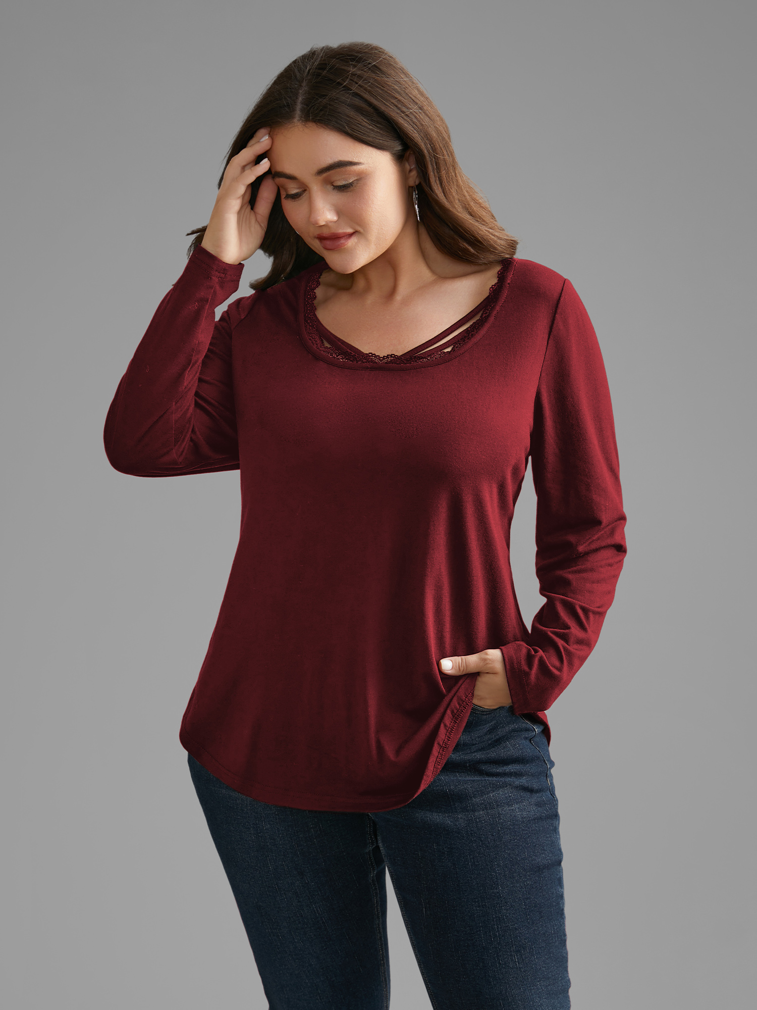 Plus Size Plain Lace Patchwork Crisscross T-shirt Burgundy Women Casual Patchwork U-neck Everyday T-shirts BloomChic 18-20/2X 