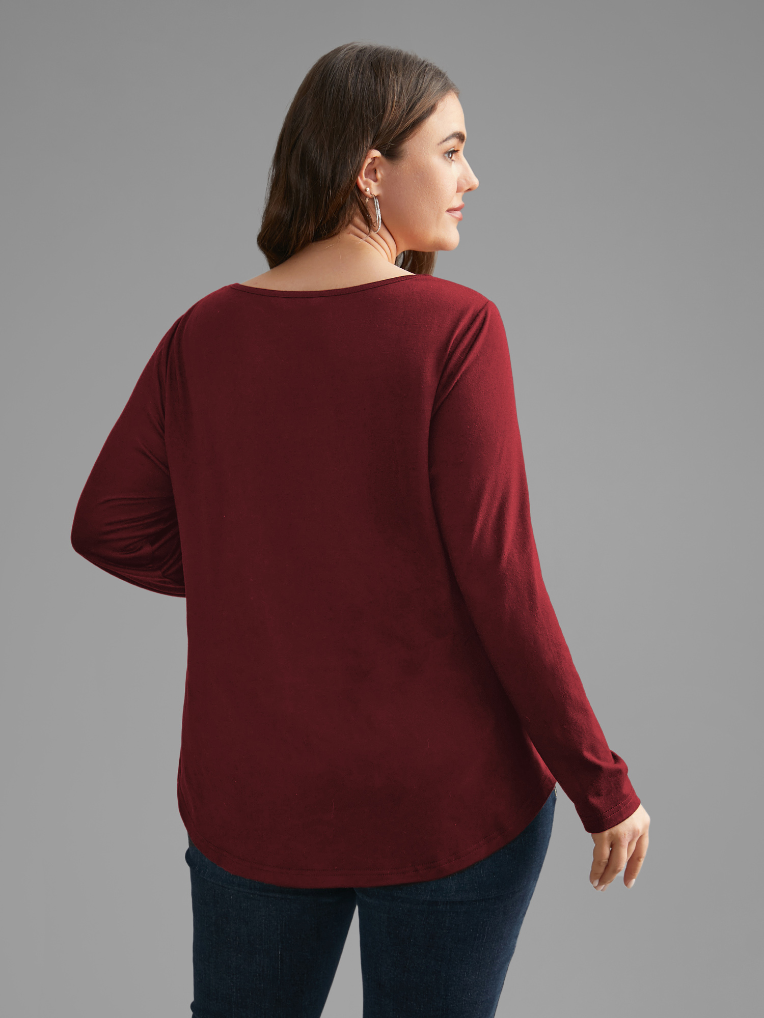 Plus Size Plain Lace Patchwork Crisscross T-shirt Burgundy Women Casual Patchwork U-neck Everyday T-shirts BloomChic 18-20/2X 