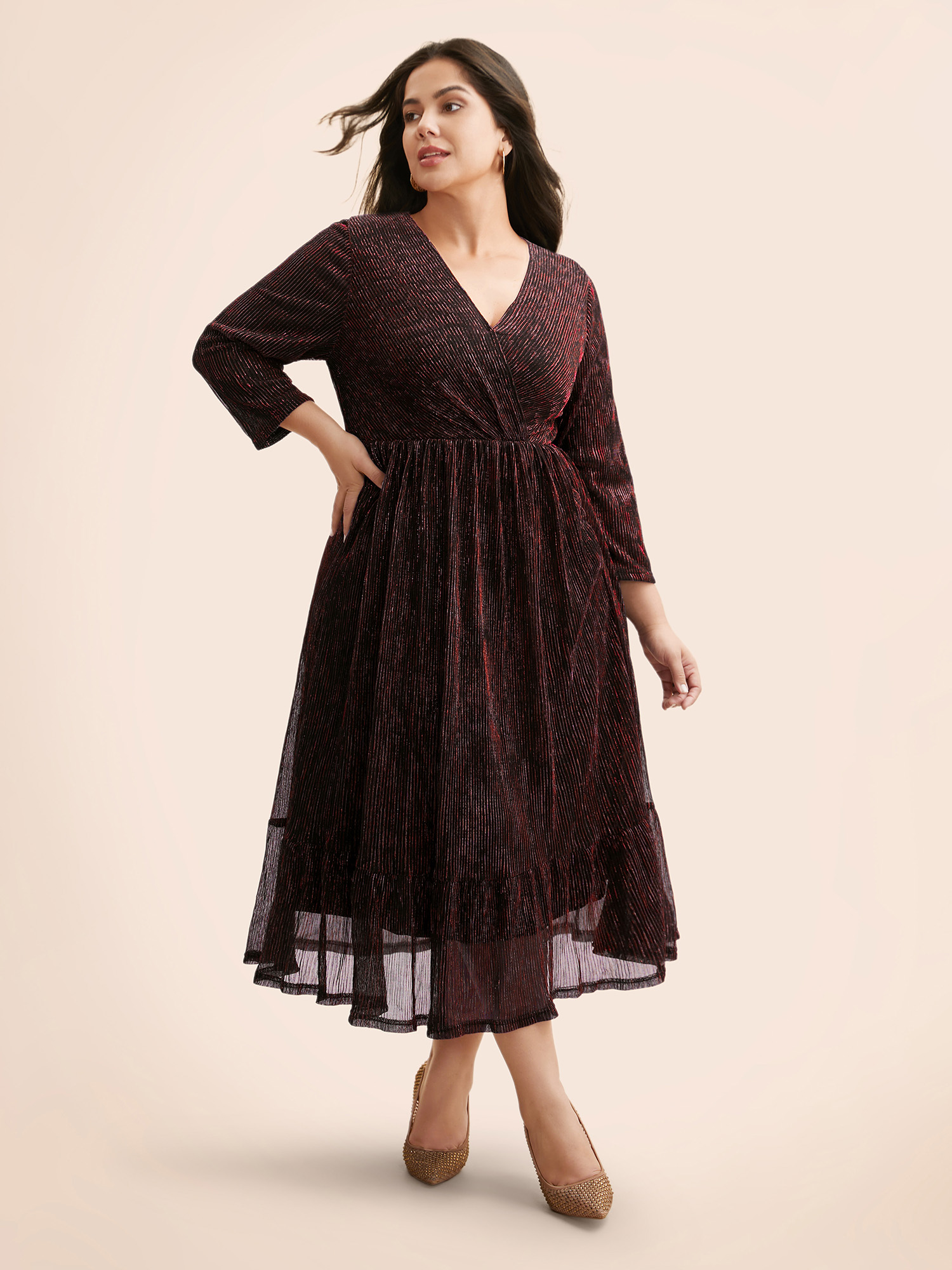 

Plus Size Luxe Mesh Pleated Elastic Waist Wrap Dress Burgundy Women Party Texture Overlap Collar Elbow-length sleeve Curvy Midi Dress BloomChic