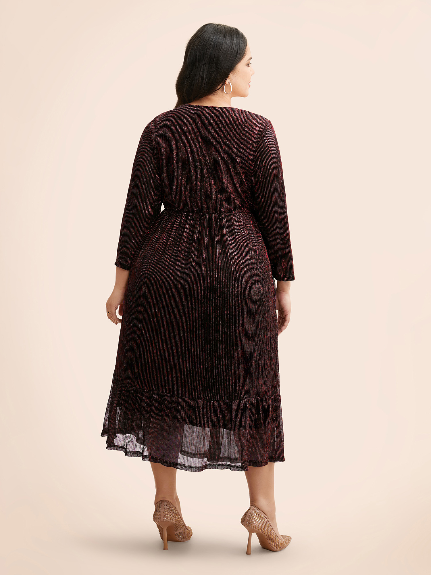 

Plus Size Luxe Mesh Pleated Elastic Waist Wrap Dress Burgundy Women Party Texture Overlap Collar Elbow-length sleeve Curvy Midi Dress BloomChic