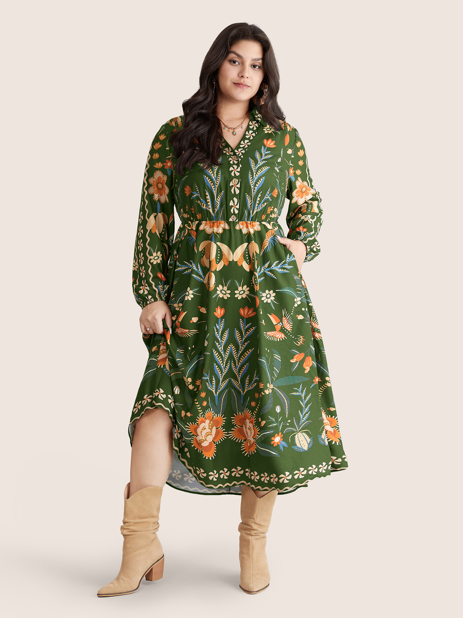 

Plus Size Bandana Print Pocket Lapel Collar Elastic Cuffs Dress ArmyGreen Women Resort Non V-neck Long Sleeve Curvy Midi Dress BloomChic