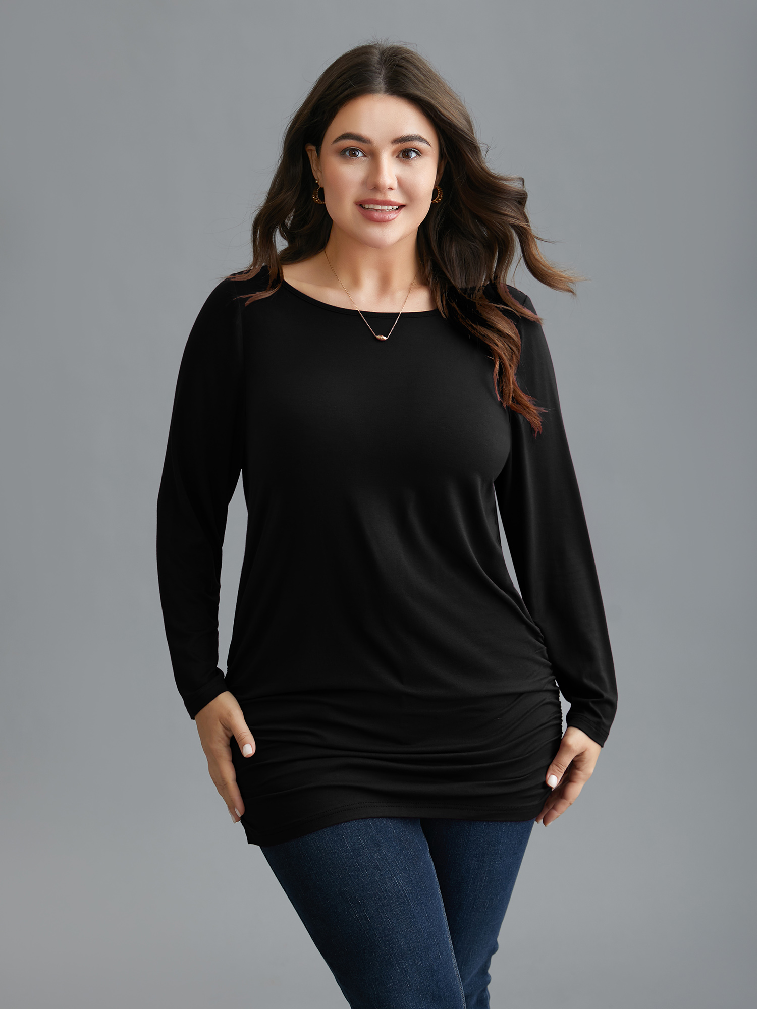 

Plus Size Very Stretchy Supersoft Slim-Fit T-shirt Black Women Elegant Gathered Boat Neck Everyday T-shirts BloomChic