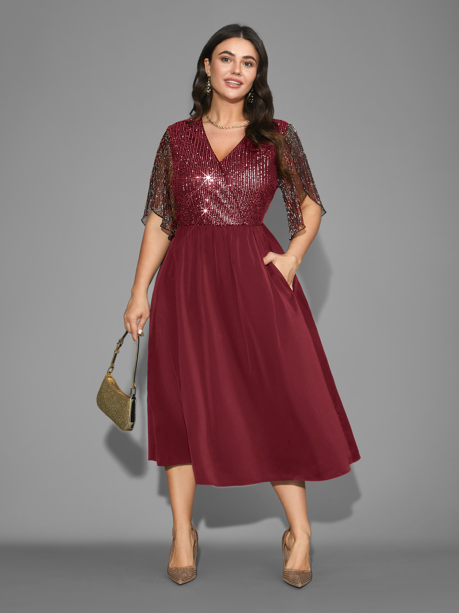 

Plus Size Sequin Mesh Petal Sleeve Midi Dress Burgundy Women Cocktail Overlapping Party Curvy Bloomchic