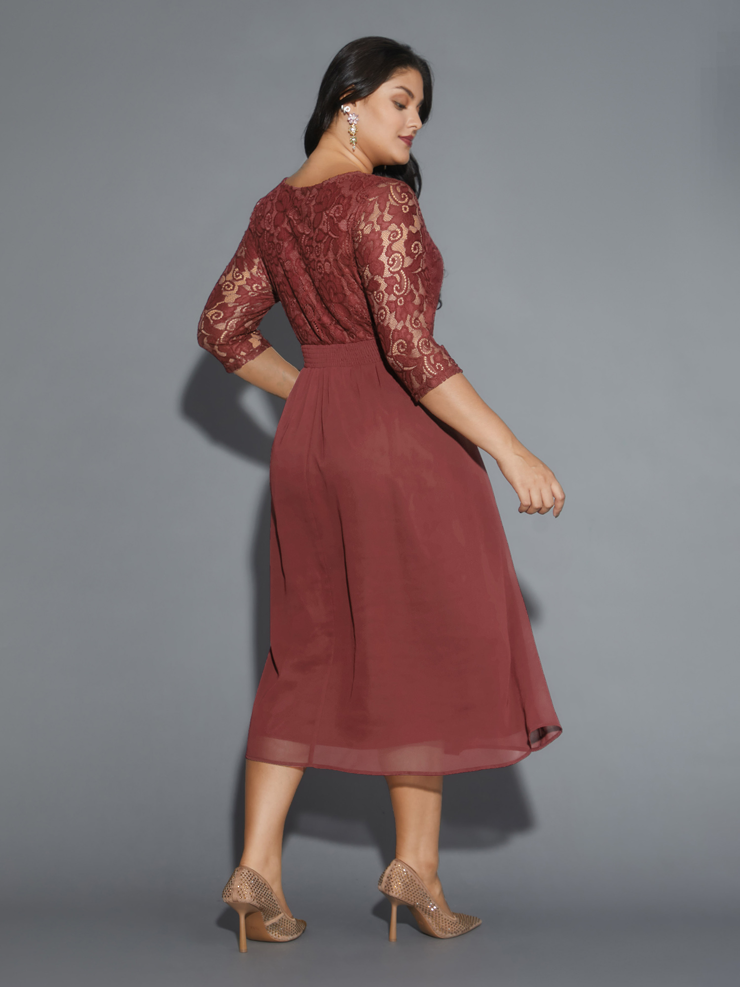 

Plus Size Lace Patchwork Shirred Midi Pocket Dress Russet Women Cocktail Woven ribbon&lace trim Round Neck Elbow-length sleeve Curvy BloomChic