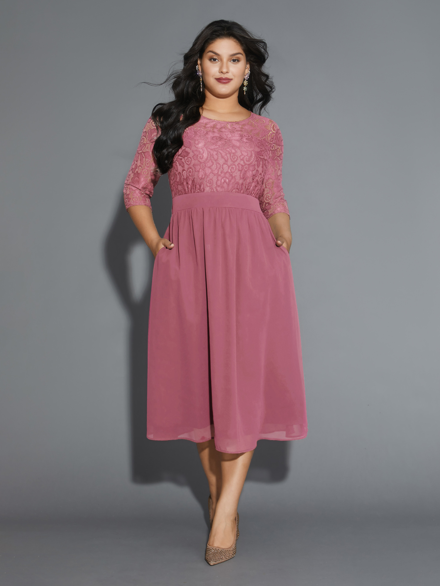 

Plus Size Lace Patchwork Shirred Midi Pocket Dress Blush Women Cocktail Woven ribbon&lace trim Round Neck Elbow-length sleeve Curvy BloomChic