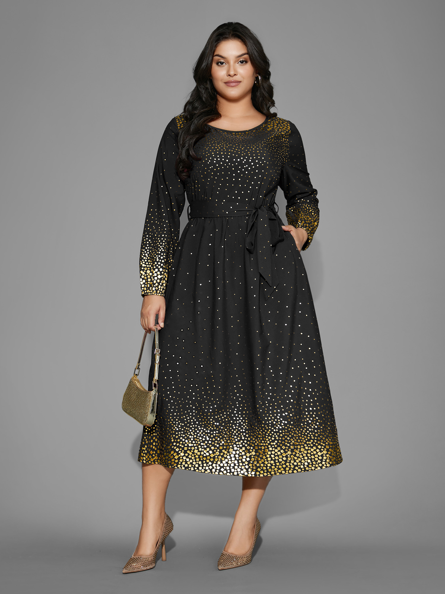 

Plus Size Glitter Round Neck Belted Lantern Sleeve Dress Black Women Cocktail Texture Party Curvy Bloomchic