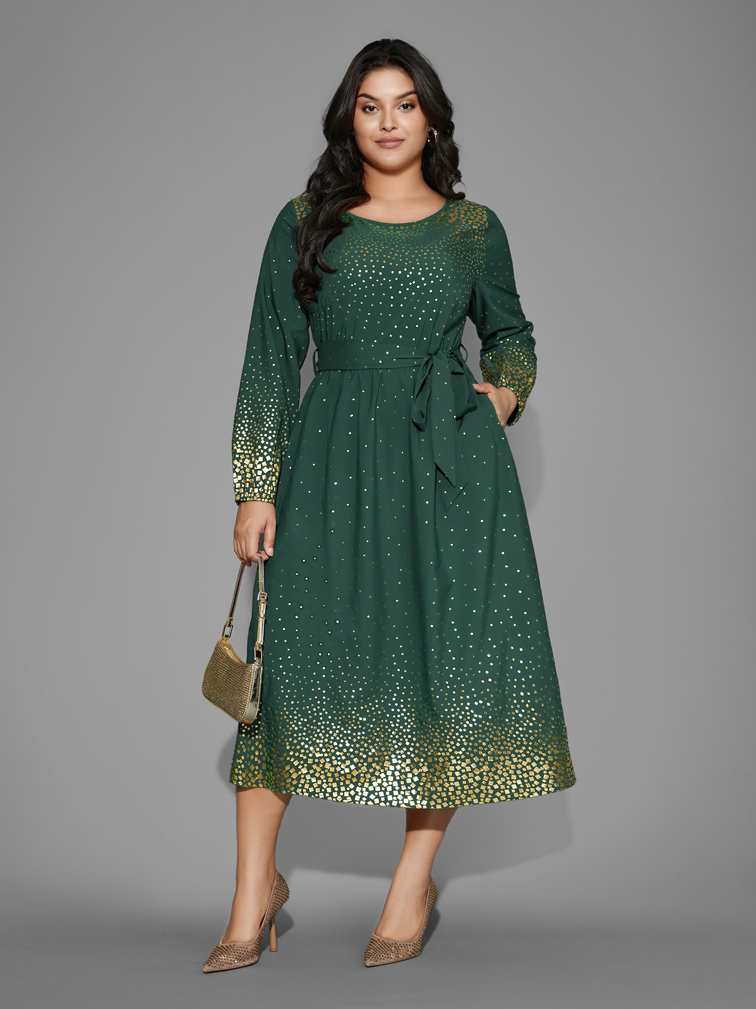 

Plus Size Glitter Round Neck Belted Lantern Sleeve Dress DarkGreen Women Cocktail Texture Party Curvy Bloomchic