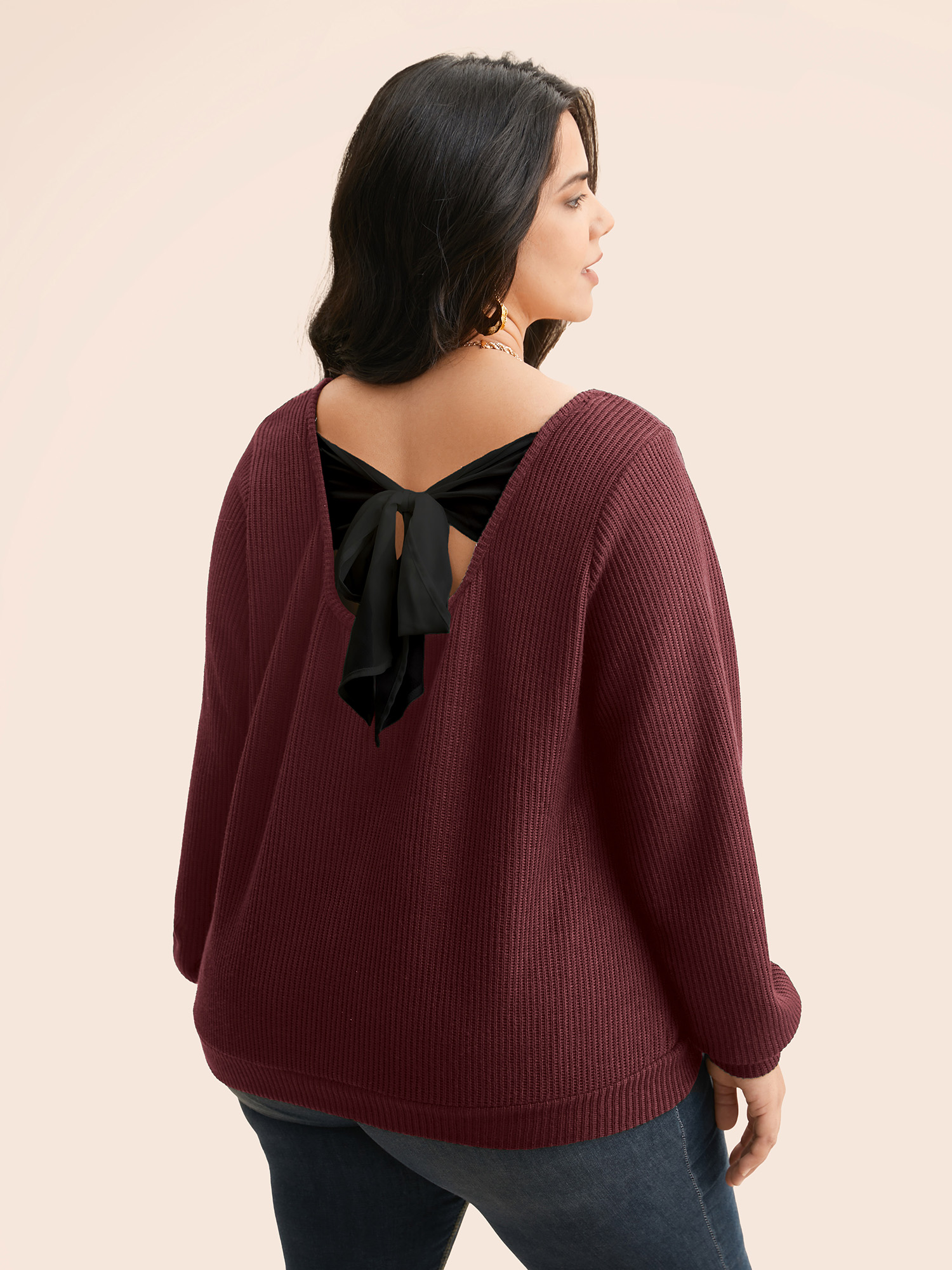 

Plus Size Textured Contrast Tie Knot Sweatshirt Women Burgundy Elegant Tie knot V-neck Everyday Sweatshirts BloomChic