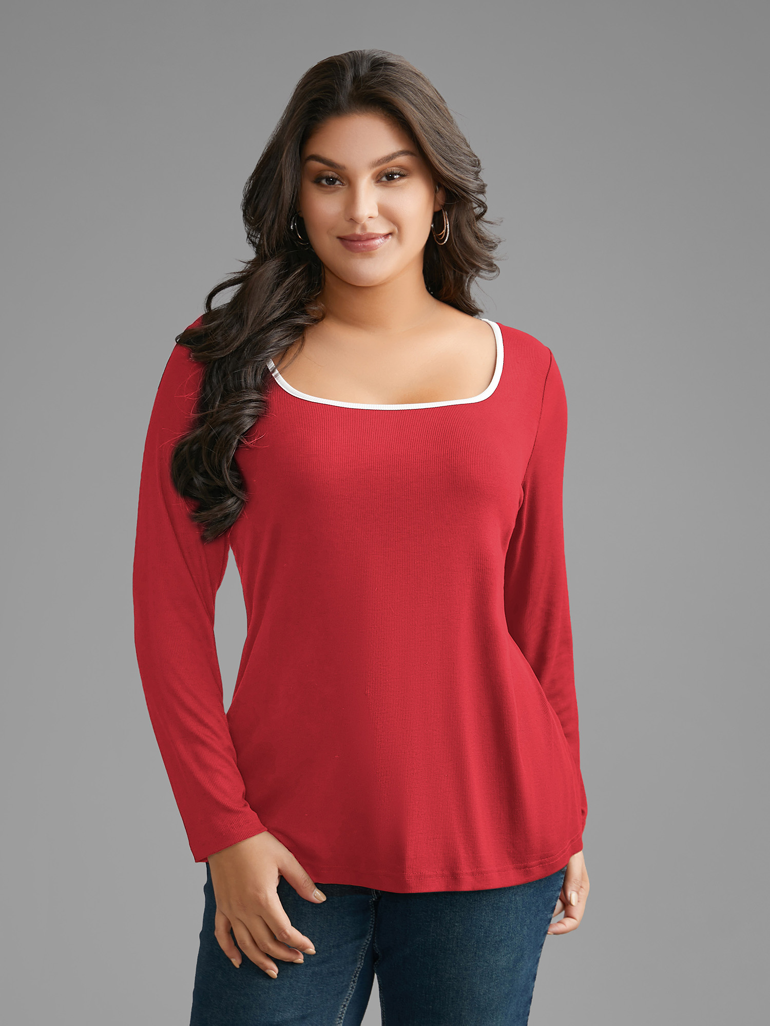 

Plus Size Square Neck Contrast Trim T-shirt Crimson Women Casual Texture Square Neck Bodycon Everyday T-shirts BloomChic