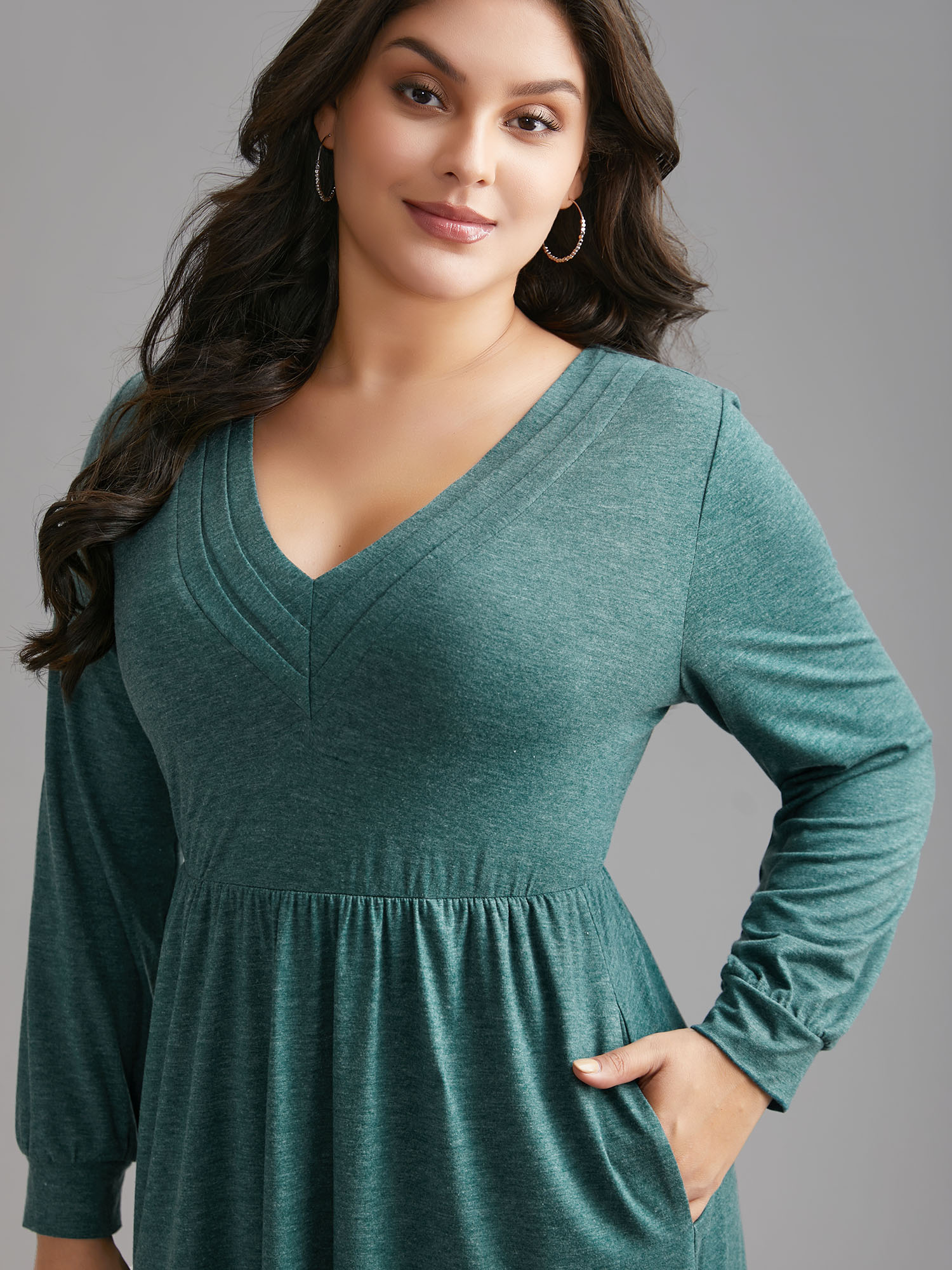 

Plus Size Solid V Neck Pleated Knit Dress Teal Women Casual Pleated Knit Dresses Bloomchic