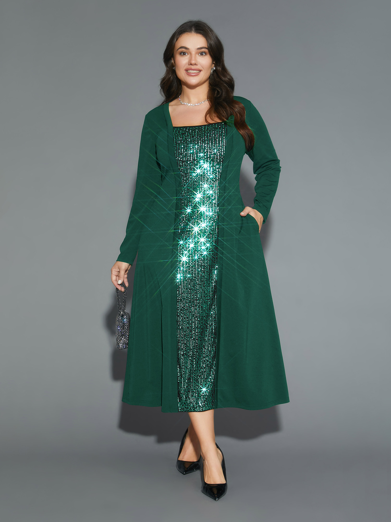 

Plus Size Sequin Patchwork Elastic Waist Midi Dress DarkGreen Women Cocktail Texture Party Curvy Bloomchic