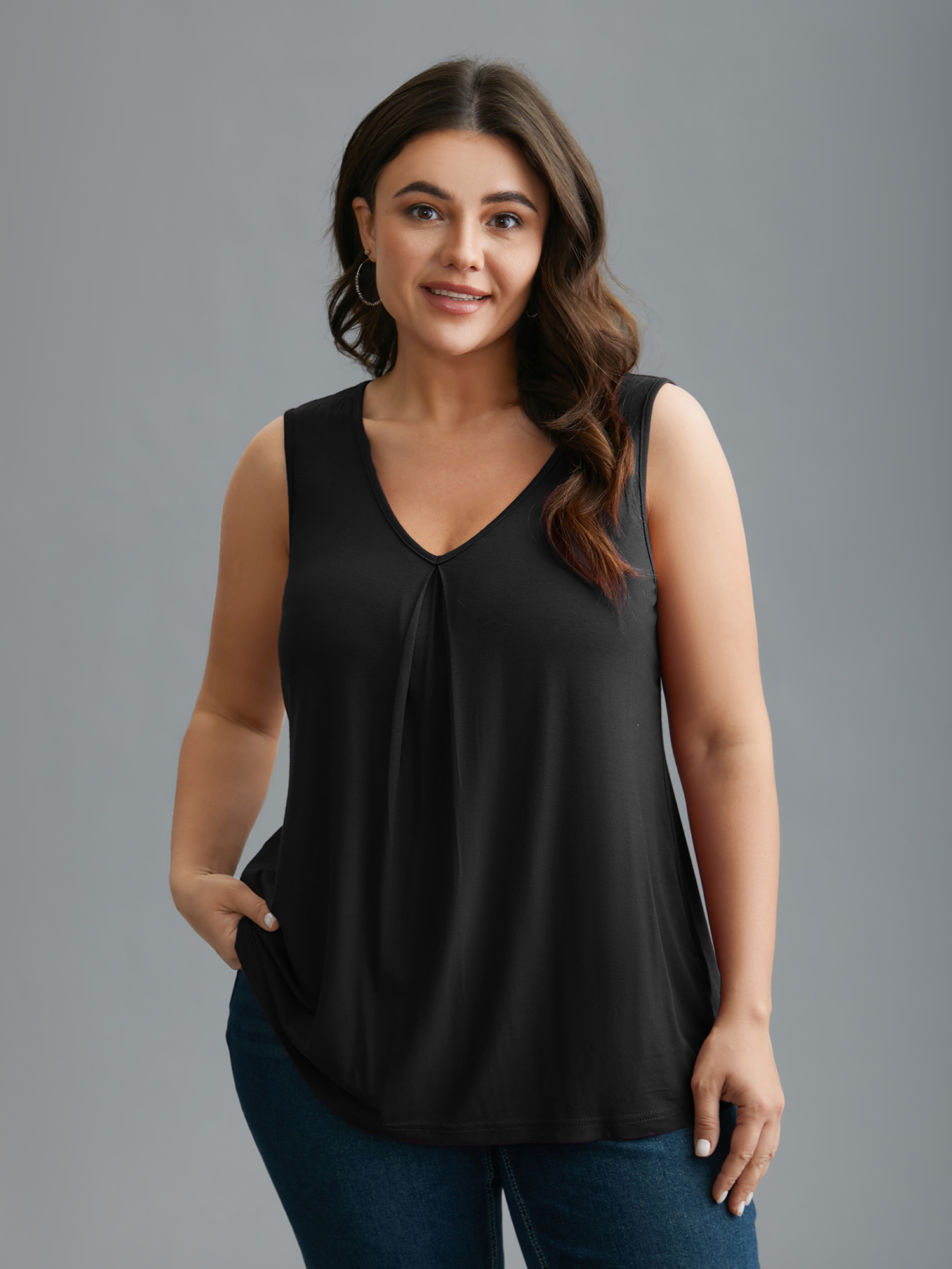 

Plus Size Supersoft Essentials V-Neck Tank Top Women Black Casual Pleated V-neck Everyday Tank Tops Camis BloomChic