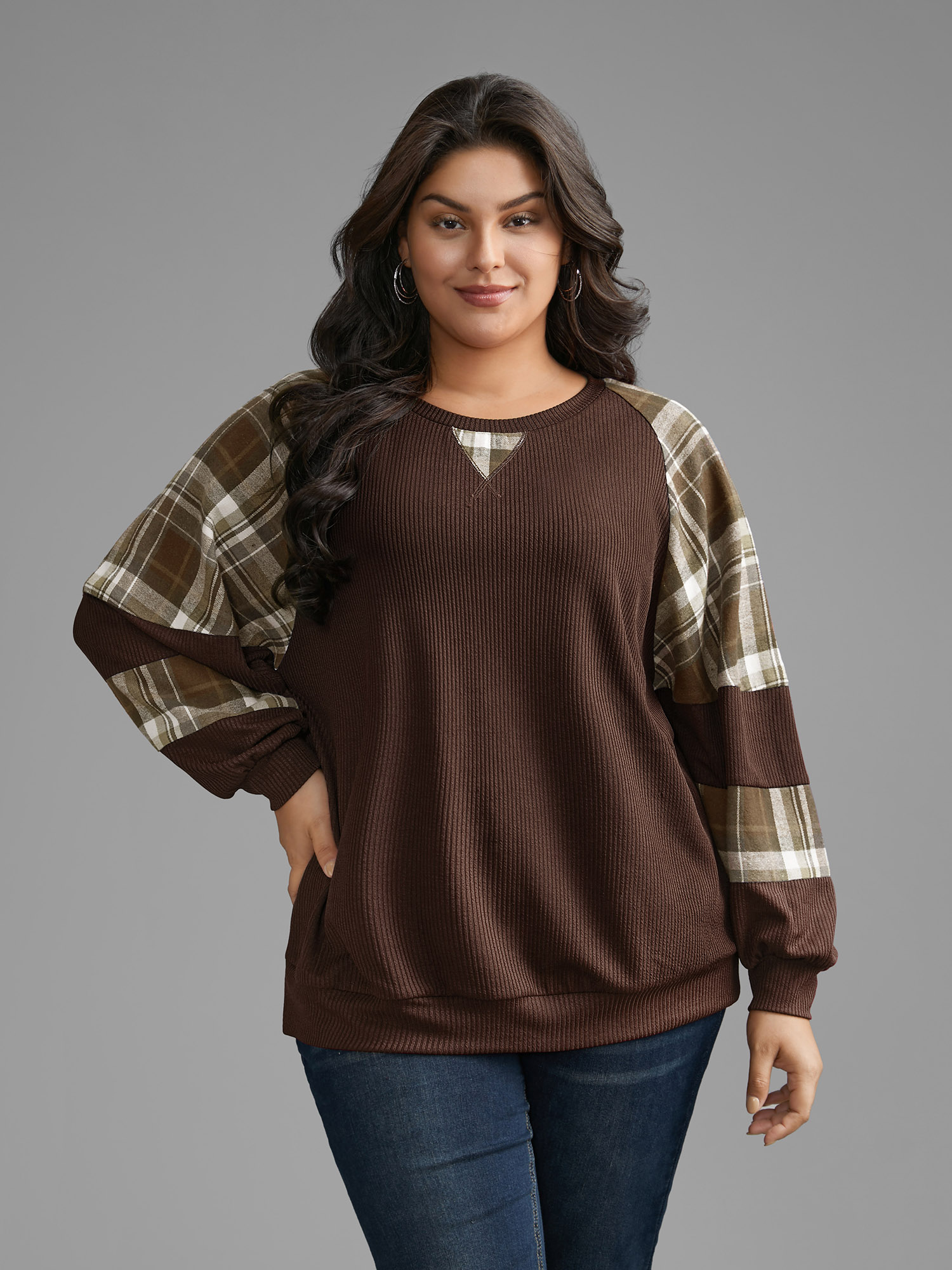 

Plus Size Plaid Patchwork Raglan Sleeve Sweatshirt Women DarkBrown Casual Texture Round Neck Everyday Sweatshirts BloomChic