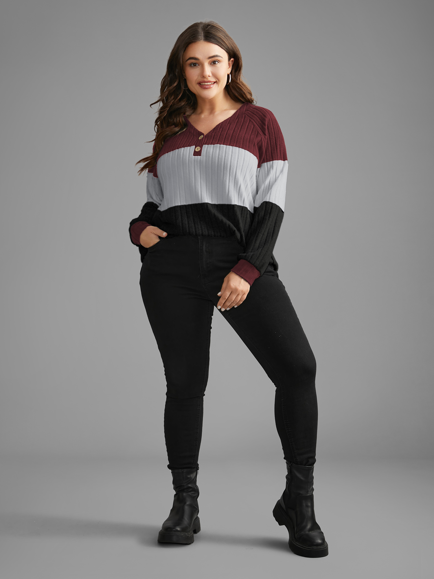 Plus Size Colorblock Contrast Texture Pit Strip T-shirt Burgundy Women Casual Texture V-neck Everyday T-shirts BloomChic 14-16/1X 