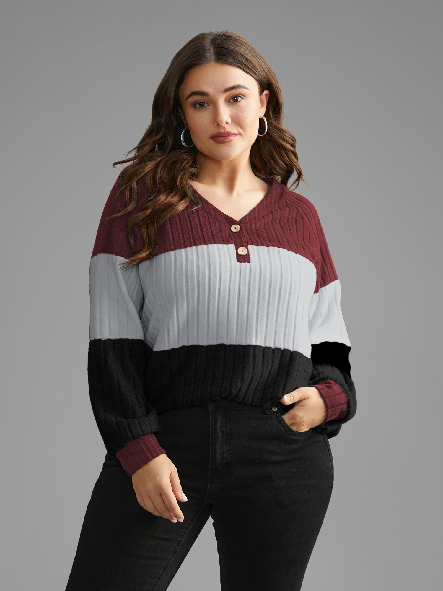Plus Size Colorblock Contrast Texture Pit Strip T-shirt Burgundy Women Casual Texture V-neck Everyday T-shirts BloomChic 14-16/1X 