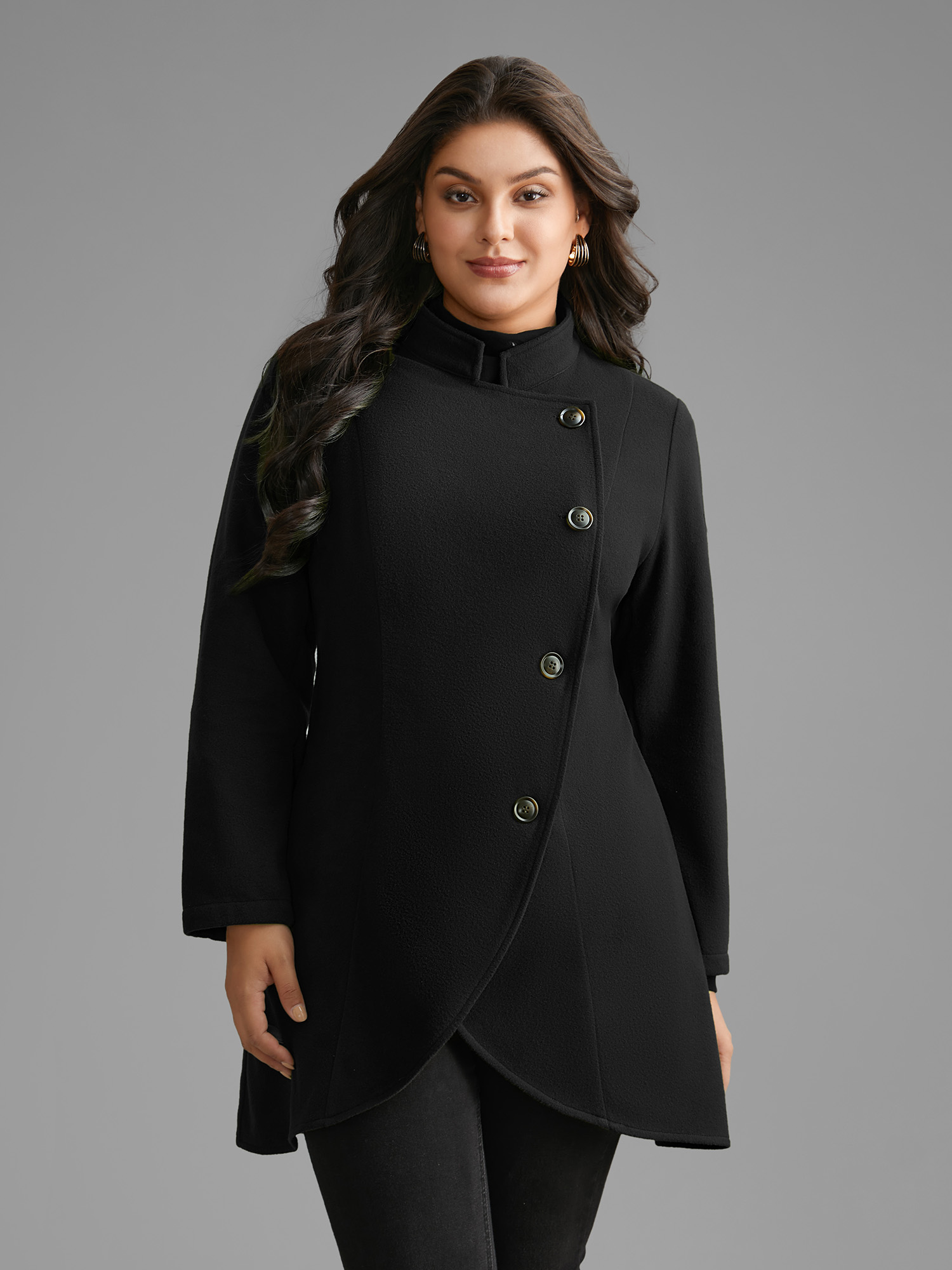 

Plus Size Solid Wrap Button Up Asymmetrical Hem Coat Women Black Elegant Button Ladies Everyday Winter Coats BloomChic