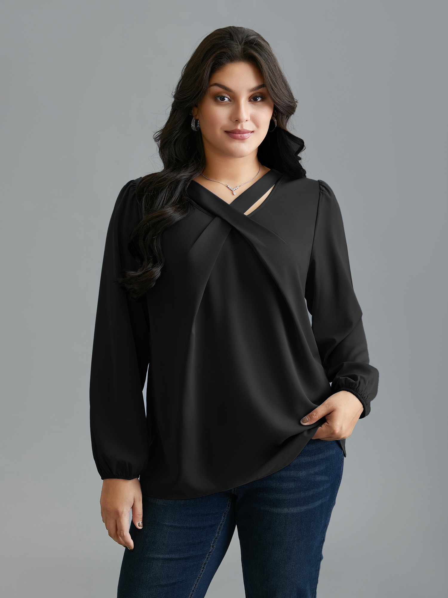 

Plus Size Black Criss Cross Neckline Puff Sleeve Gathered Blouse Women Elegant Long Sleeve Asymmetrical Neck Everyday Blouses BloomChic