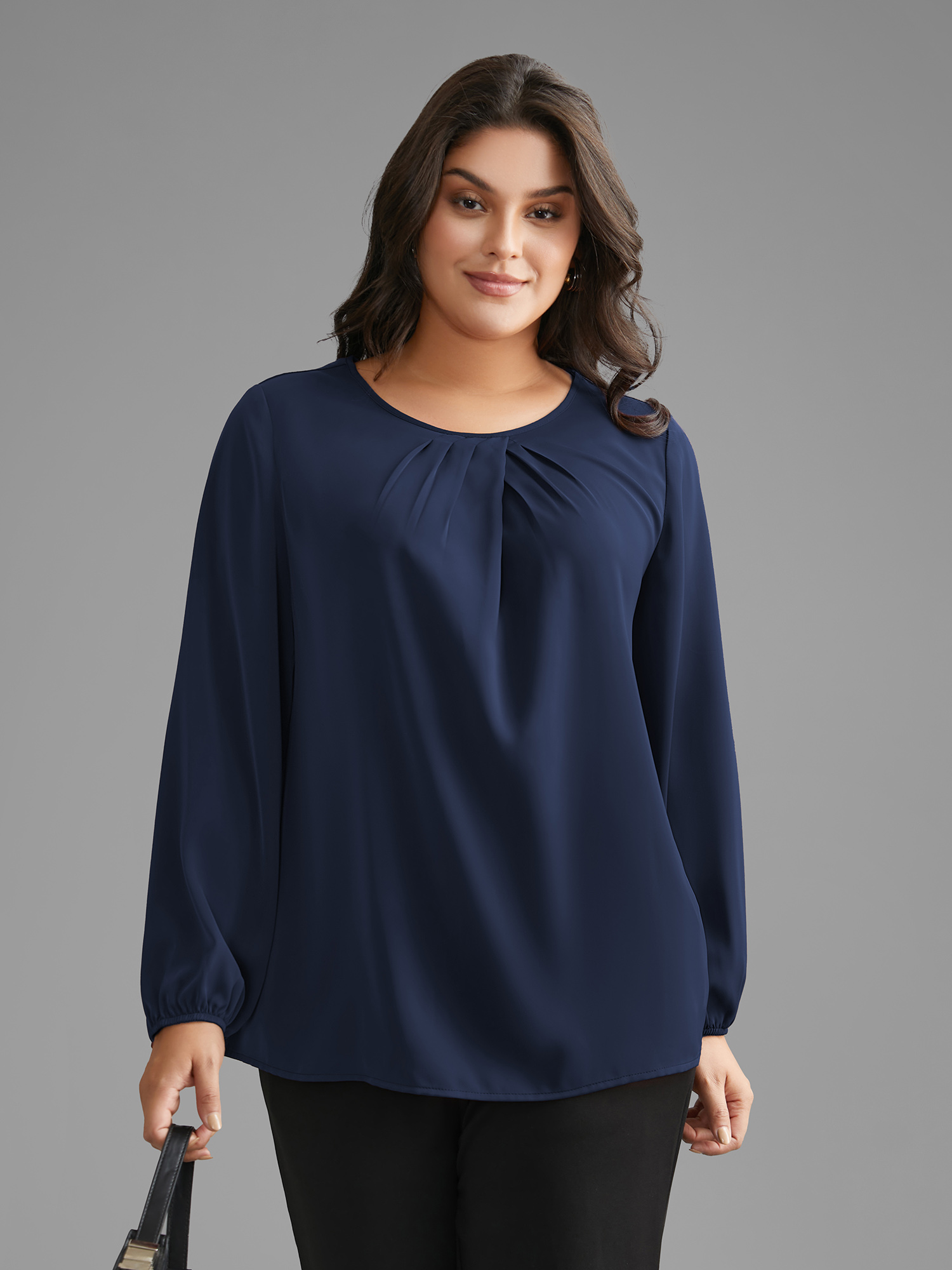 

Plus Size Indigo Solid Crew Neck Lantern Sleeve Blouse Women At the Office Long Sleeve Round Neck Work Blouses BloomChic