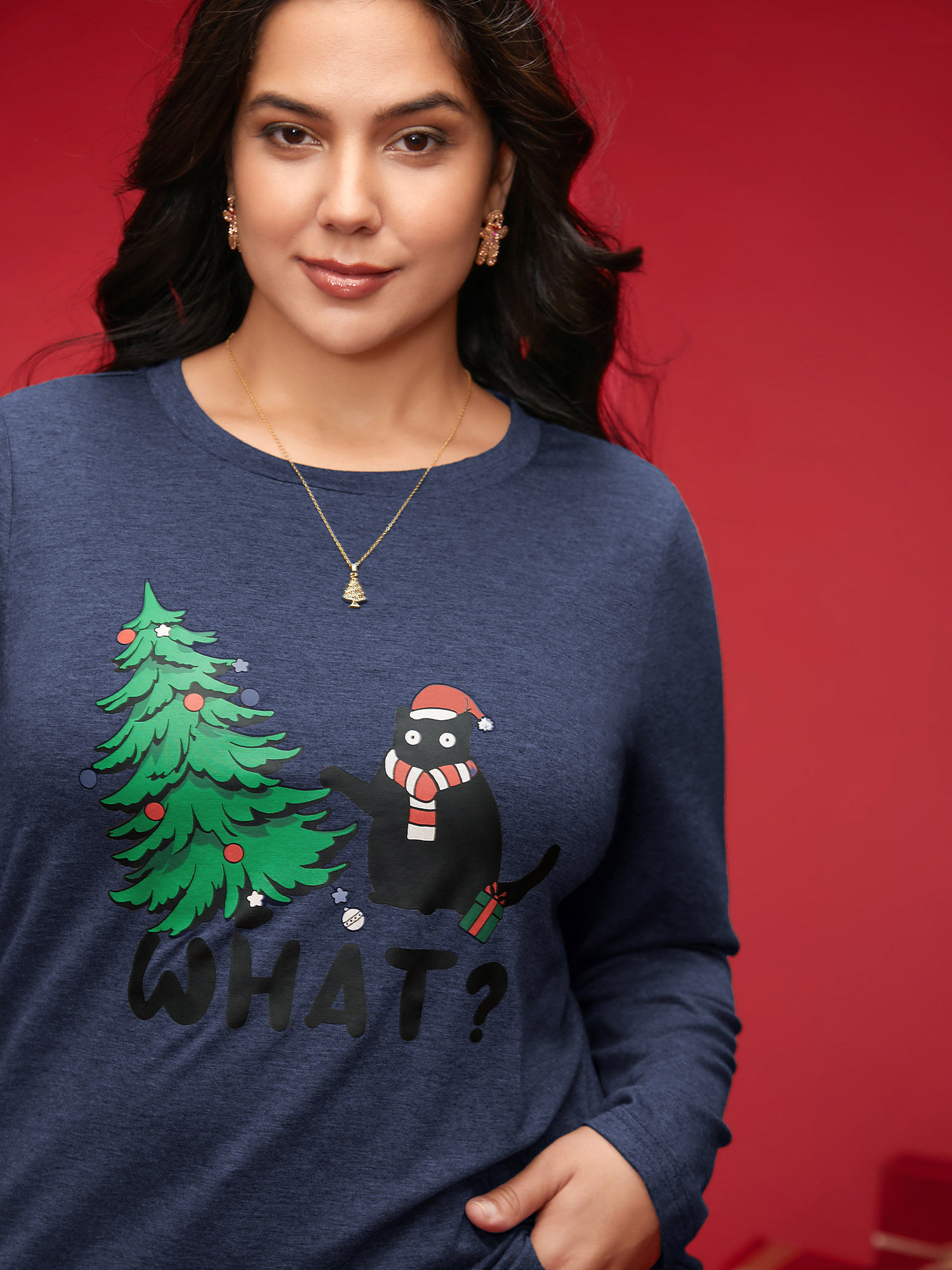 

Plus Size Festive Cat And Tree Printed Slim-Fit Tee Indigo Women Casual Non Christmas Round Neck Everyday T-shirts BloomChic