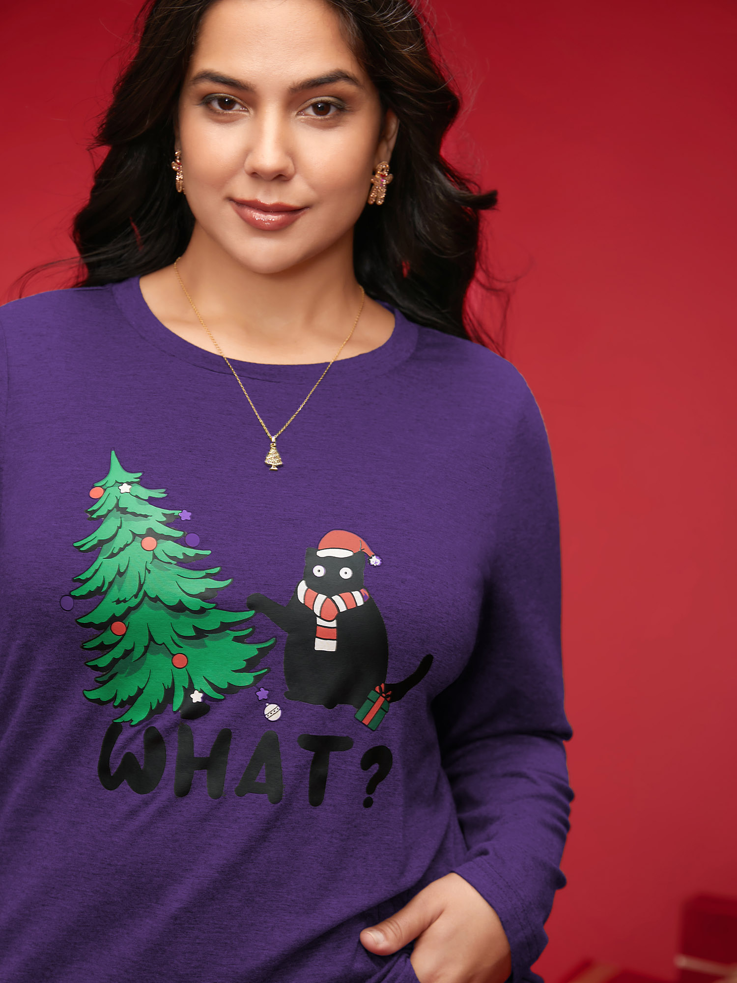 

Plus Size Festive Cat And Tree Printed Slim-Fit Tee Eggplant Women Casual Non Christmas Round Neck Everyday T-shirts BloomChic