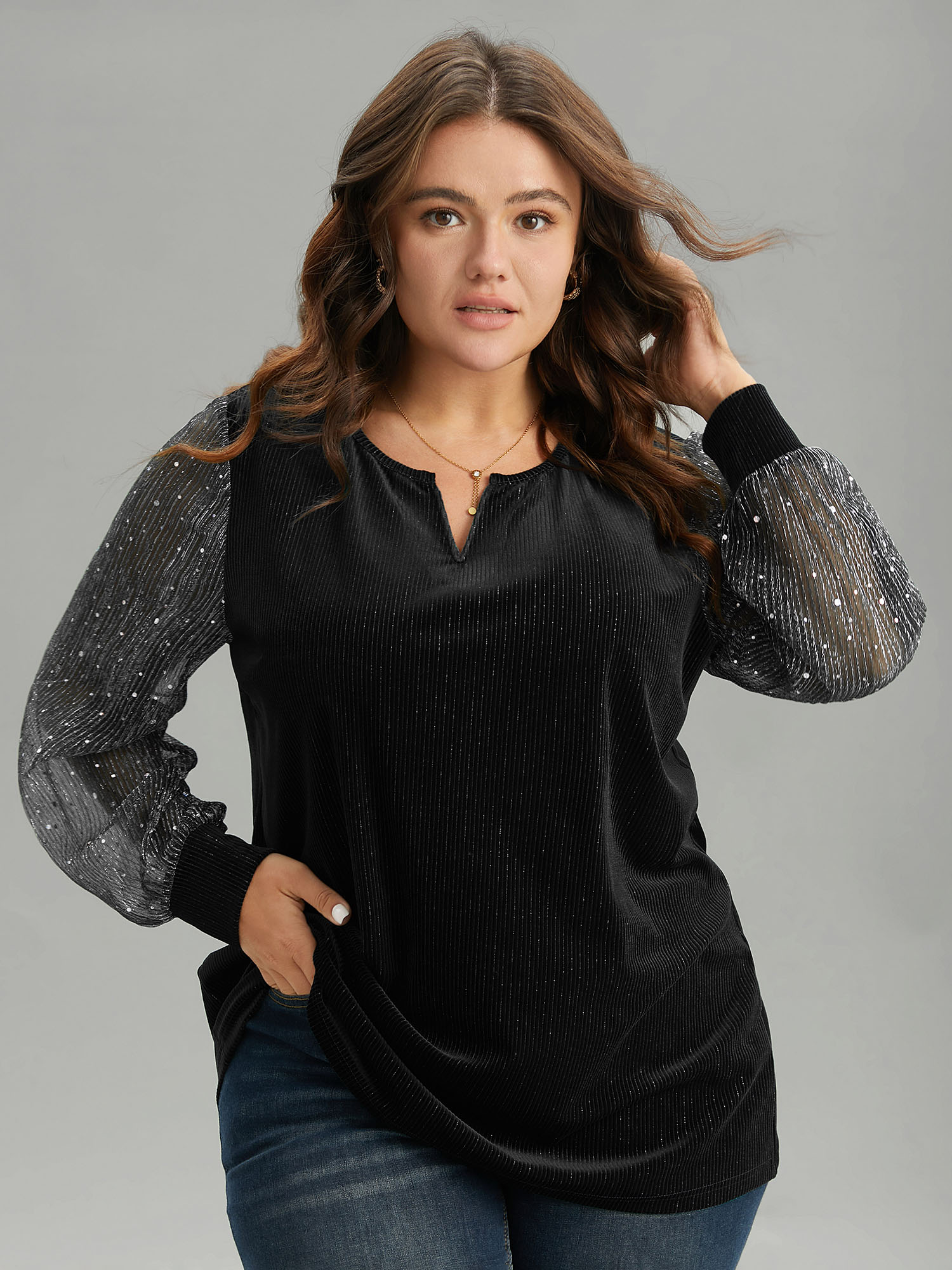 

Plus Size Velvet Patchwork Mesh Sequin Notched T-shirt Black Notched collar Long Sleeve Elegant Jersey Tops