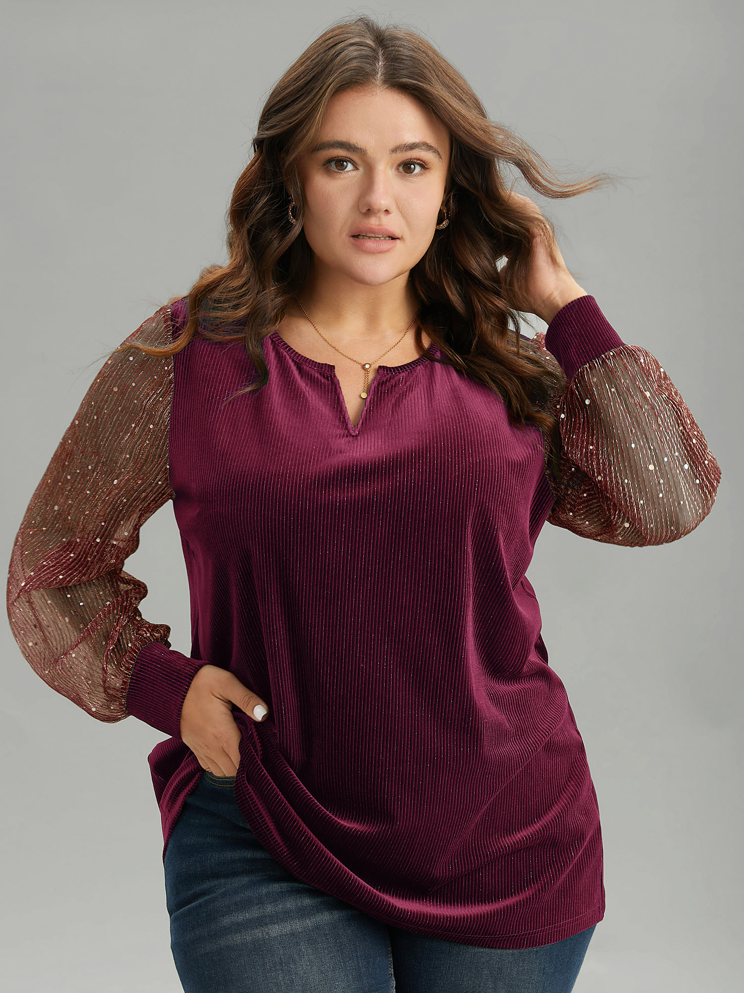 

Plus Size Velvet Patchwork Mesh Sequin Notched T-shirt Burgundy Notched collar Long Sleeve Elegant Jersey Tops