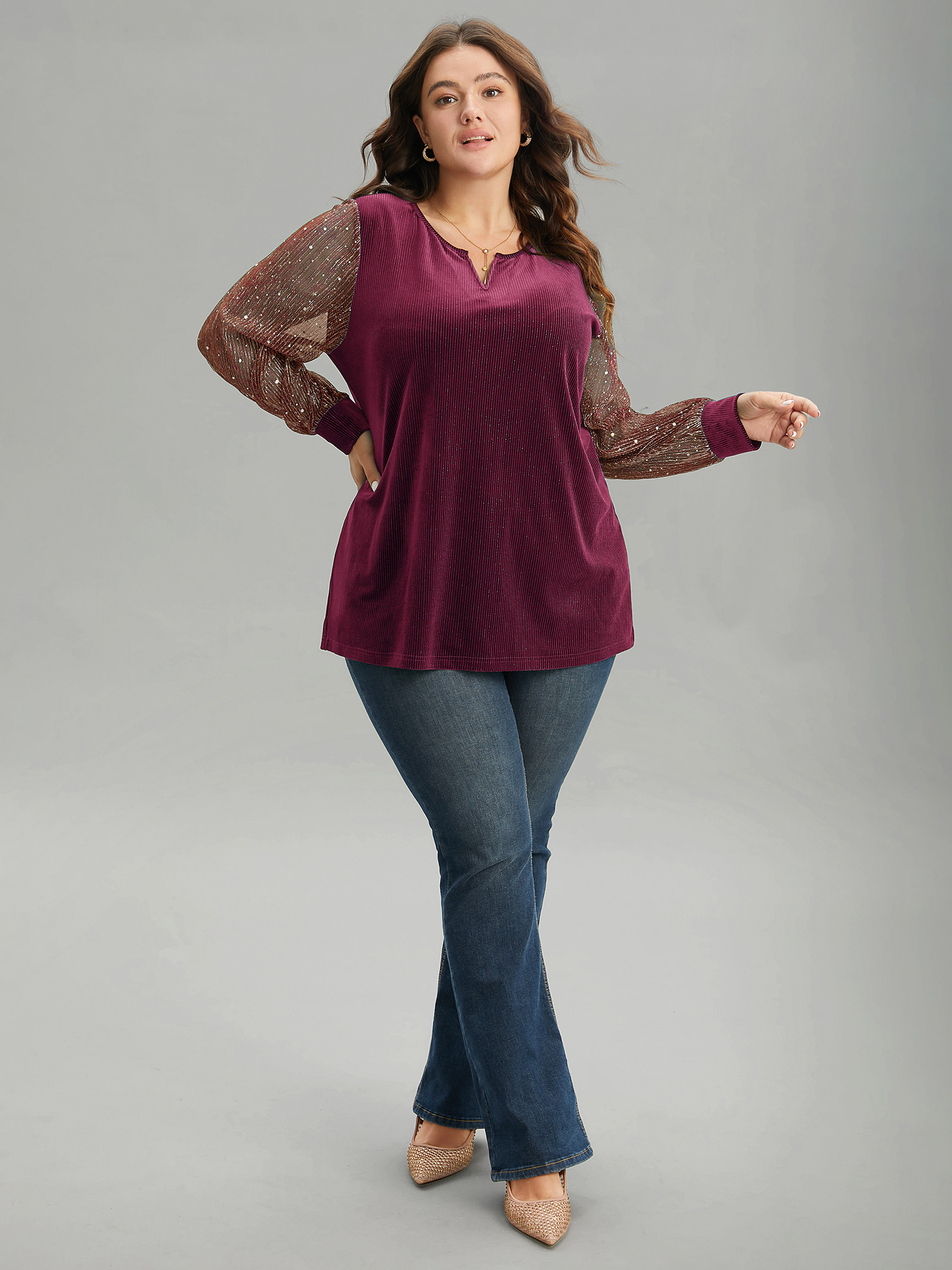 

Plus Size Velvet Patchwork Mesh Sequin Notched T-shirt Burgundy Notched collar Long Sleeve Elegant Jersey Tops