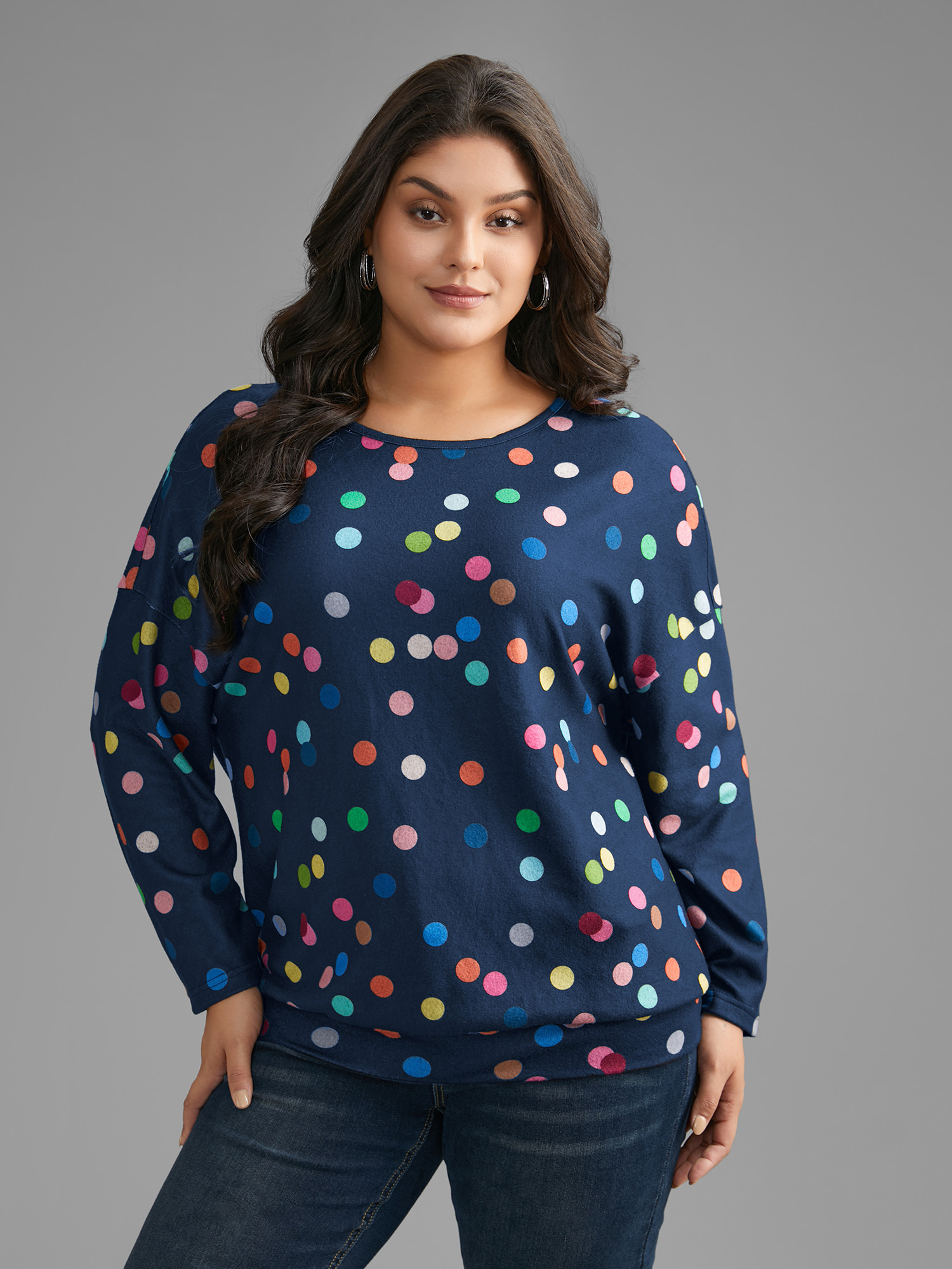 

Plus Size Color Polka Dot Drop Shoulder T-shirt DarkBlue Women Casual Contrast Round Neck Everyday T-shirts BloomChic