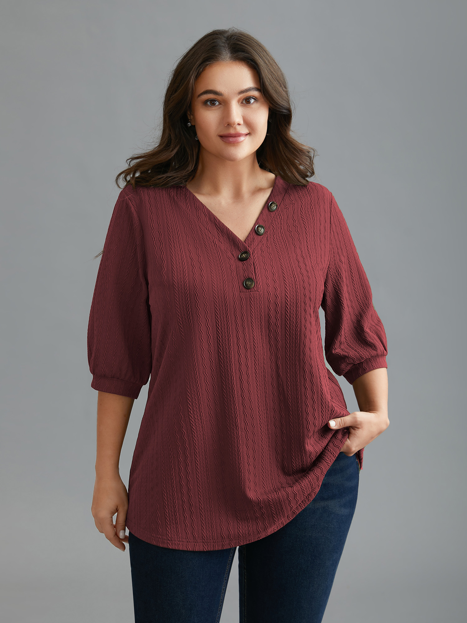 

Plus Size Plain Knit Texture Gathered Top Scarlet V-neck Elbow-length sleeve Elegant Jersey Tops