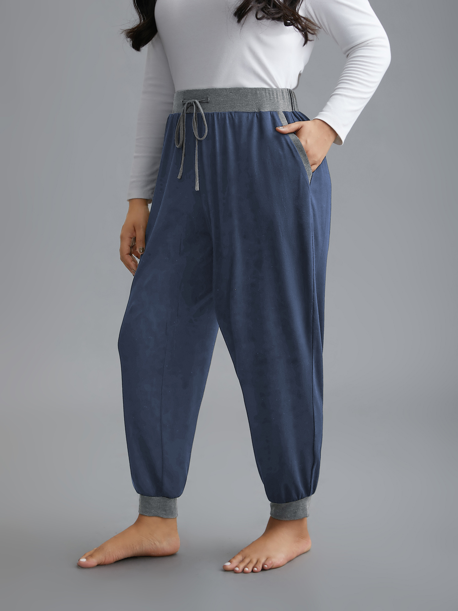 

Plus Size Contrast Drawstring Loungewear Bottoms Indigo  Bloomchic