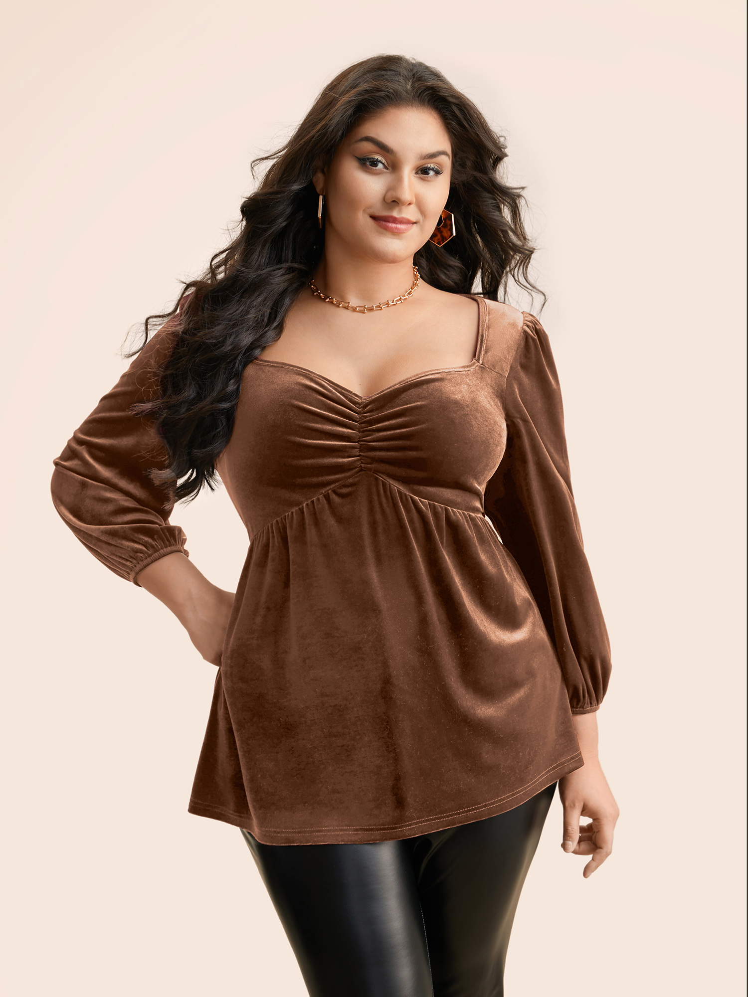 

Plus Size DarkBrown Velvet Heart Neckline Gathered Blouse Women Elegant Three Quater Length Sleeve Heart neckline Everyday Blouses BloomChic