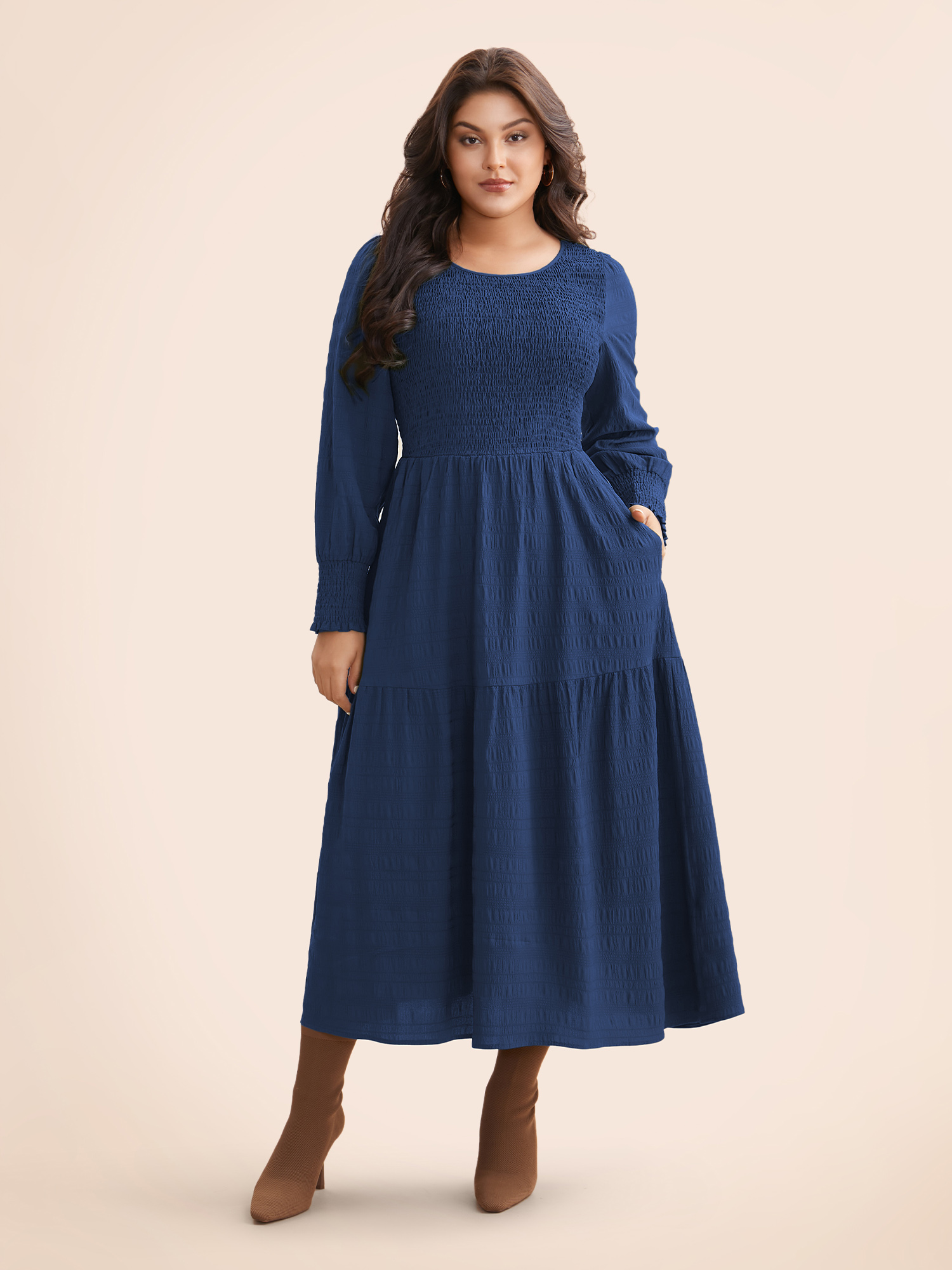 

Plus Size Plain Textured Shirred Midi Dress DarkBlue Women Elegant Texture Round Neck Long Sleeve Curvy BloomChic