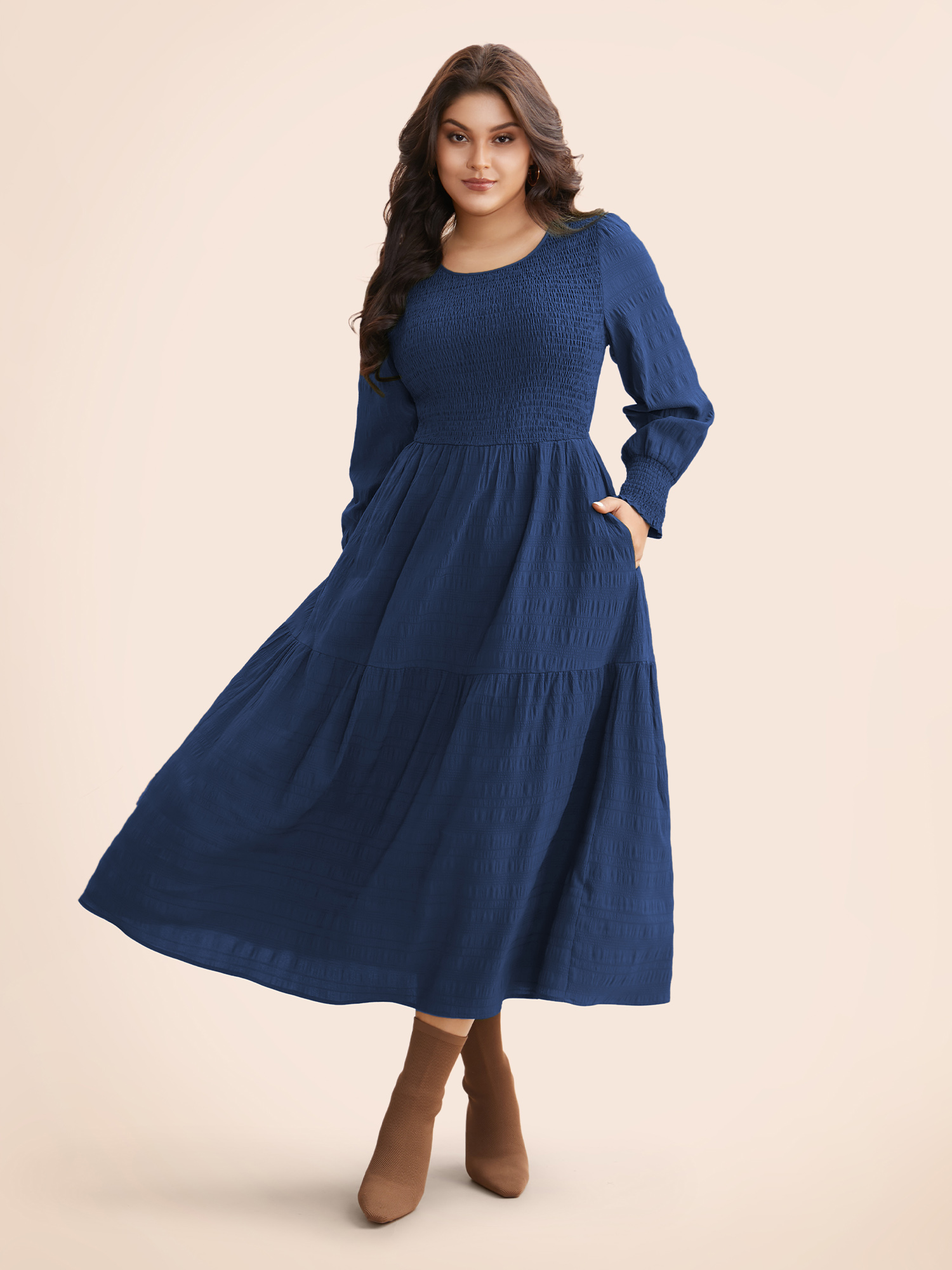 Plus Size Plain Textured Shirred Midi Dress DarkBlue Women Elegant Texture Round Neck Long Sleeve Curvy BloomChic 26/4X 