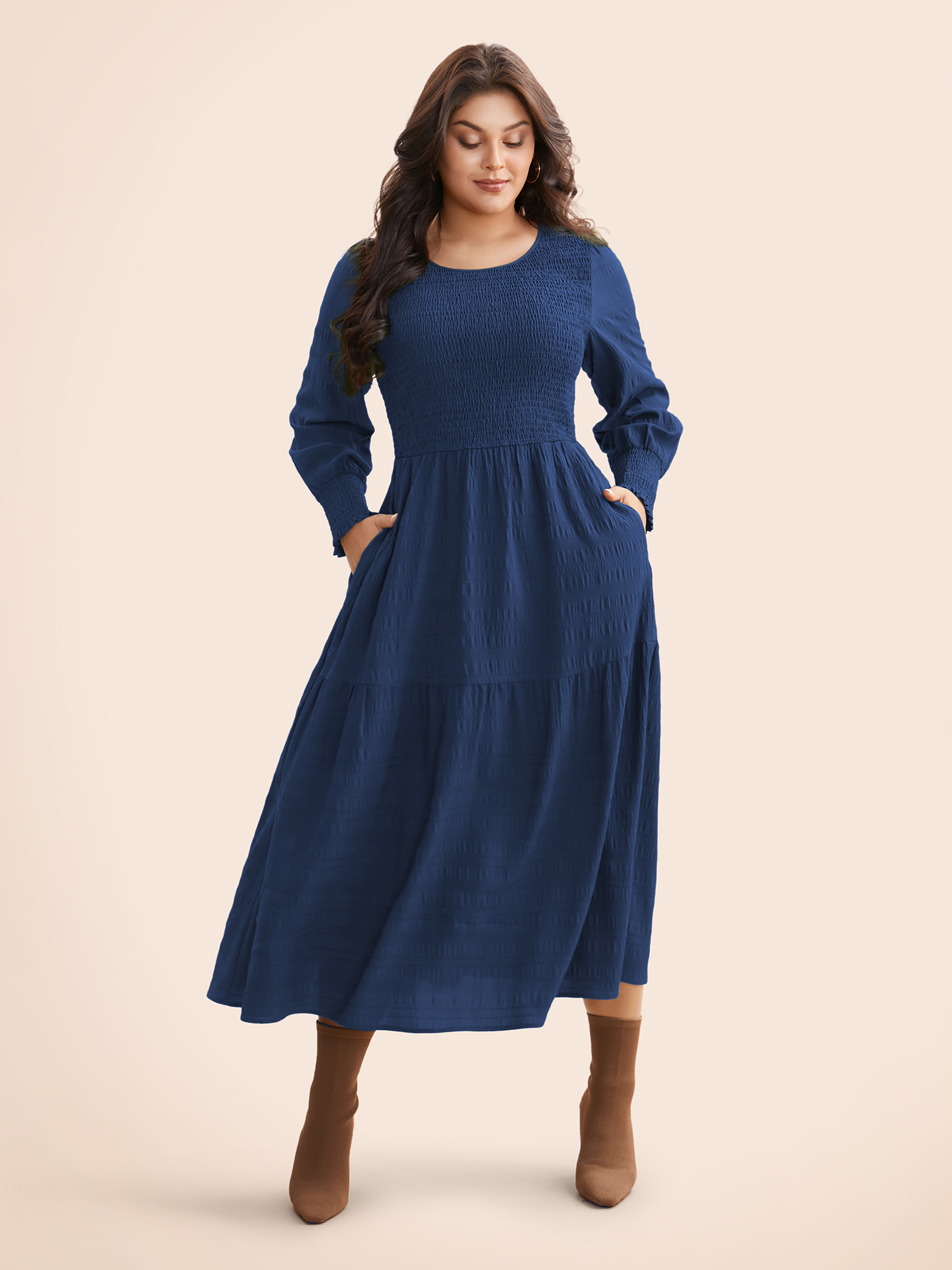 

Plus Size Plain Textured Shirred Midi Dress DarkBlue Women Elegant Texture Round Neck Long Sleeve Curvy BloomChic