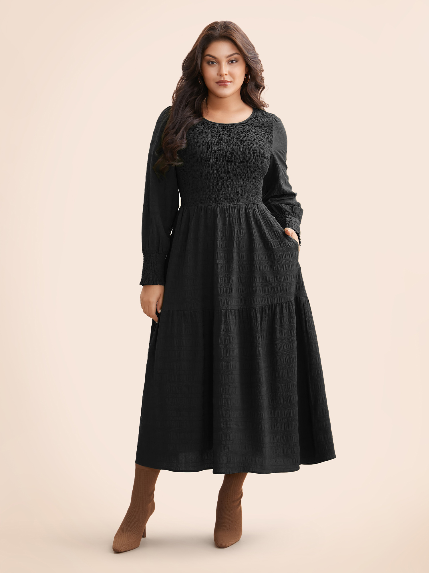 

Plus Size Plain Textured Shirred Midi Dress Black Women Elegant Texture Round Neck Long Sleeve Curvy BloomChic