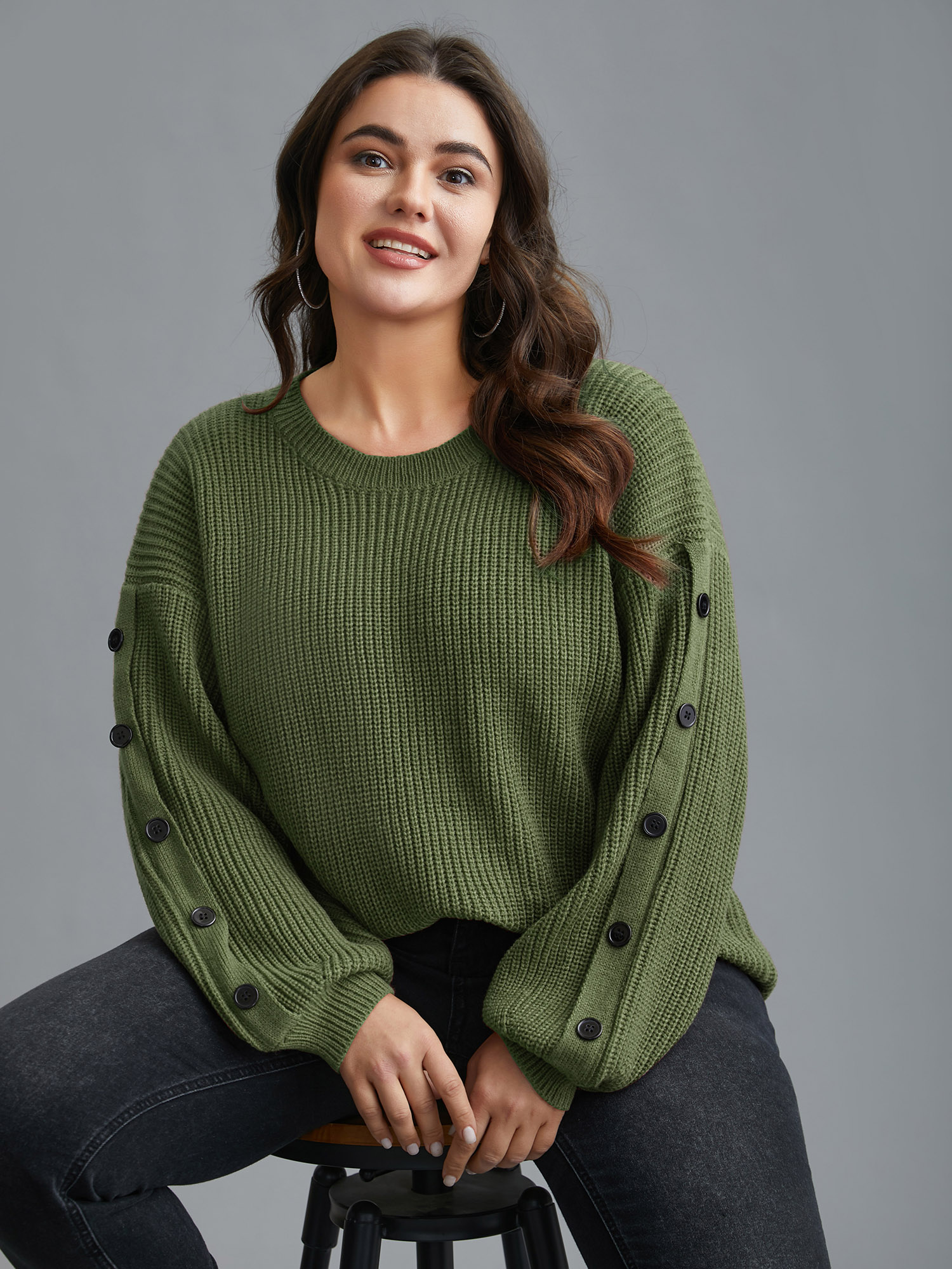 

Plus Size Textured Drop Shoulder Button Detailing Pullover ArmyGreen Women Casual Loose Long Sleeve Round Neck Everyday Pullovers BloomChic