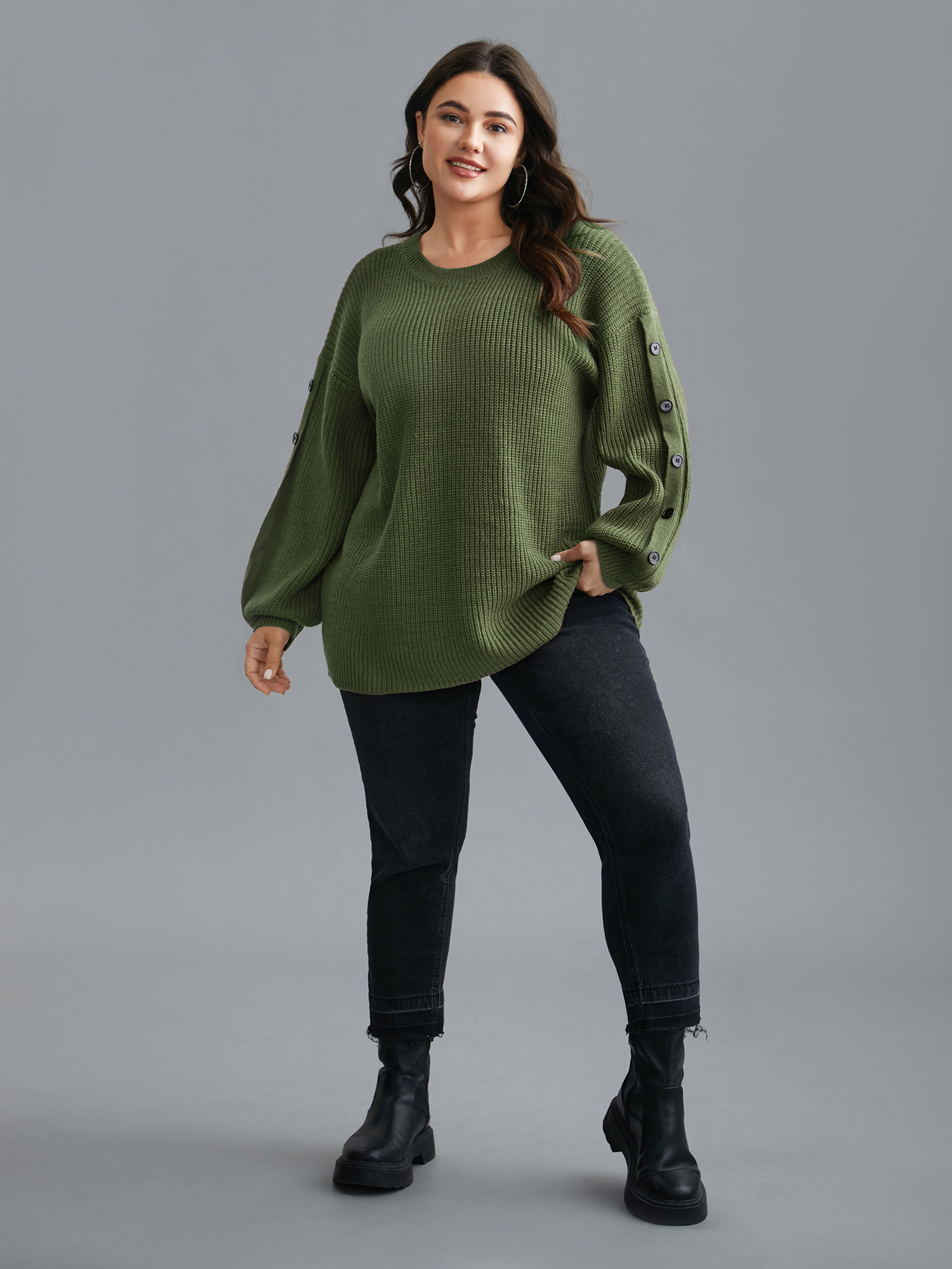 

Plus Size Textured Drop Shoulder Button Detailing Pullover ArmyGreen Women Casual Loose Long Sleeve Round Neck Everyday Pullovers BloomChic