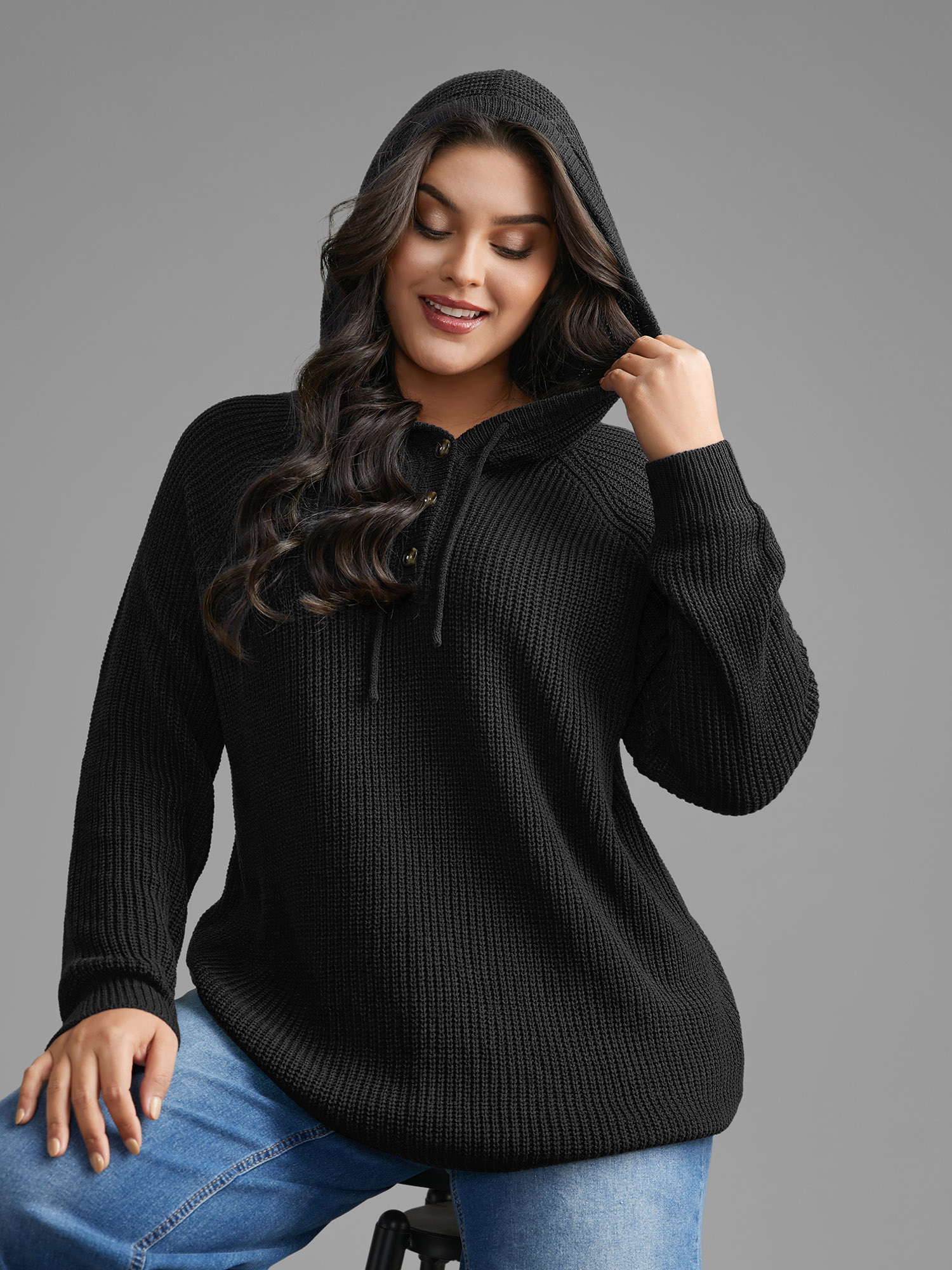 

Plus Size Plain Button Up Hooded Pullover Black Women Casual Loose Long Sleeve Hooded Everyday Pullovers BloomChic