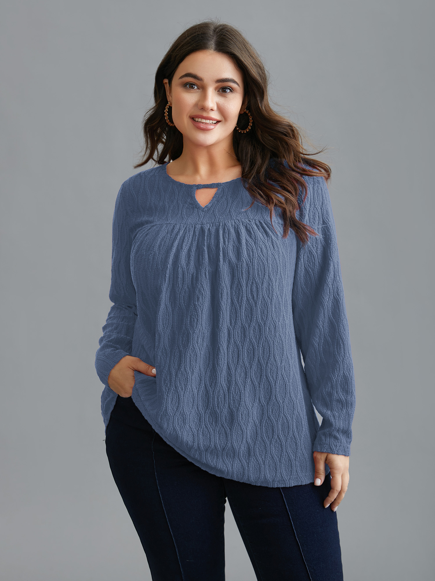 

Plus Size Textured Keyhole Gathered Knit Top Stone Round Neck Long Sleeve Elegant Jersey Tops