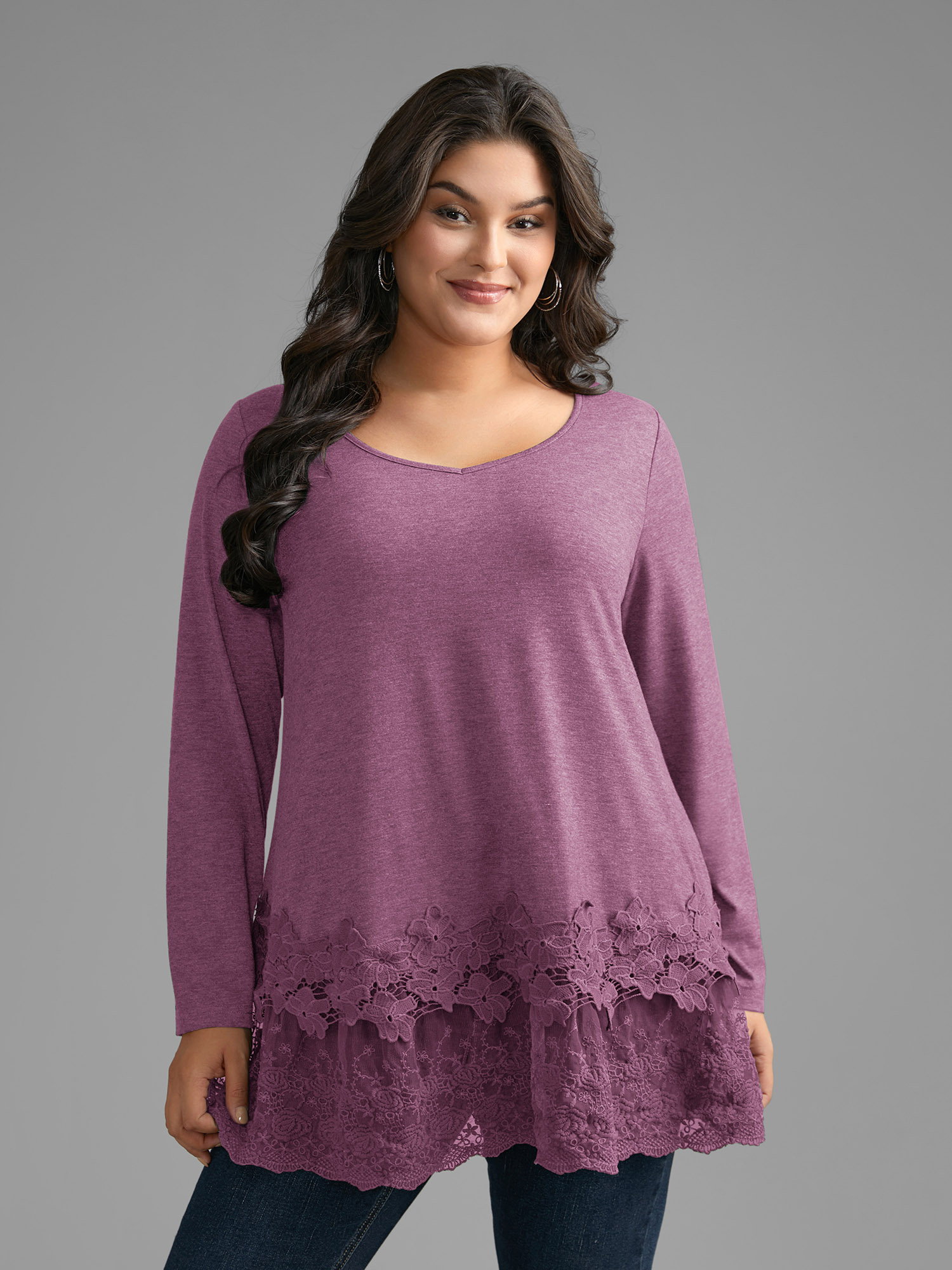 

Plus Size V Neck Lace Panel Jersey Top Magenta V-neck Extra Long Sleeve Casual Jersey Tops