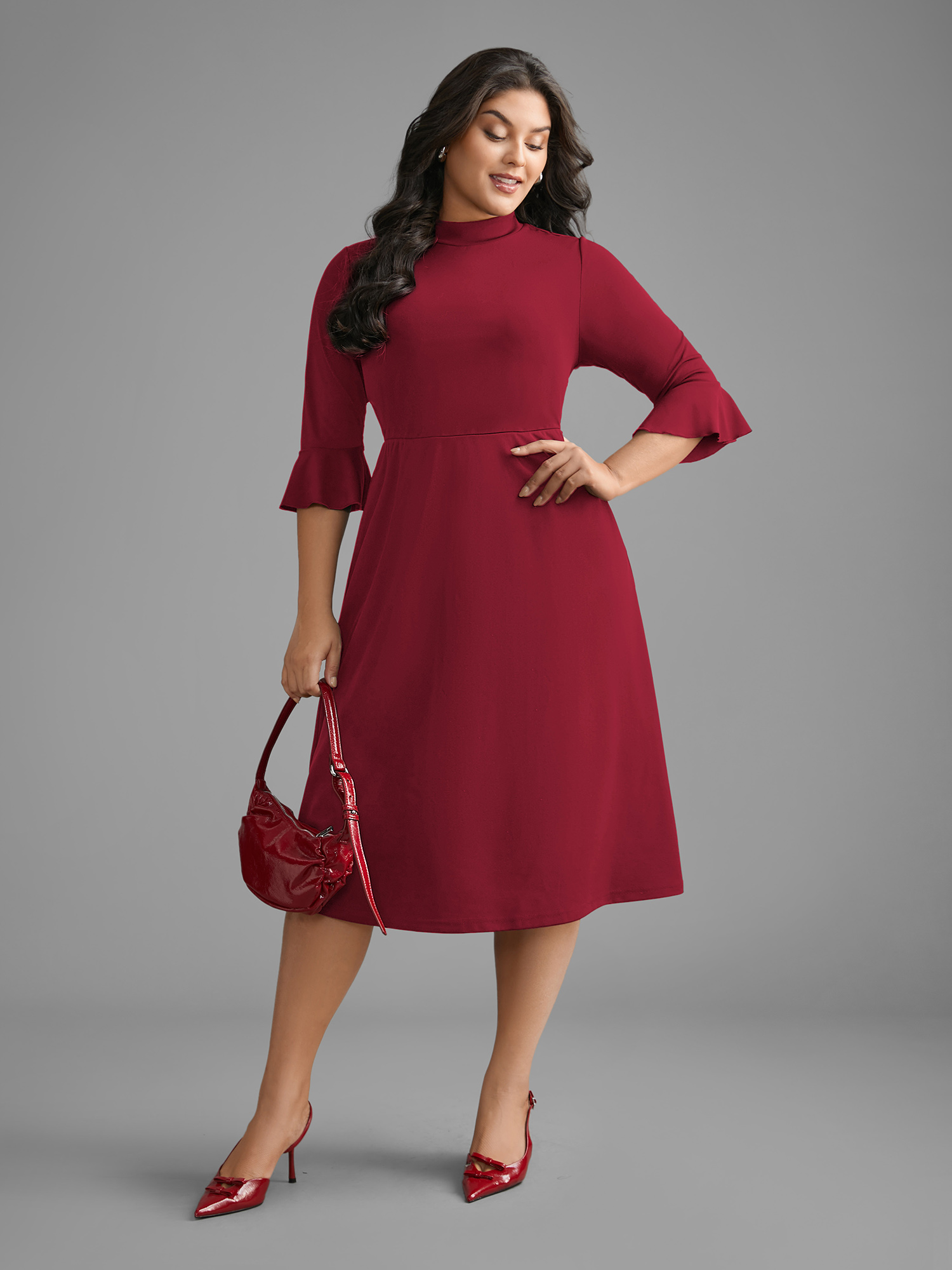 

Plus Size Mock Neck Flutter Sleeve Knit Dress Scarlet Women At the Office Ruffles Knit Dresses Bloomchic